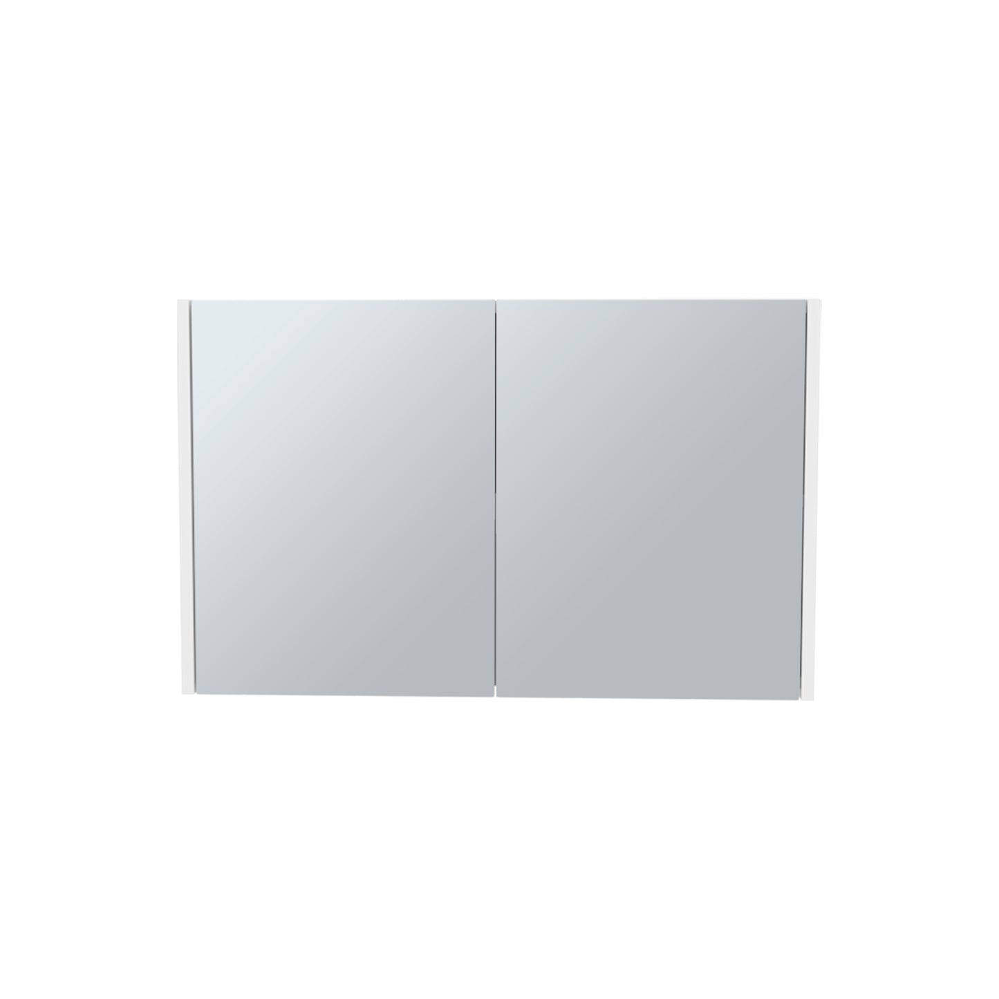 Modern white medicine cabinet with two mirrored doors and clean lines