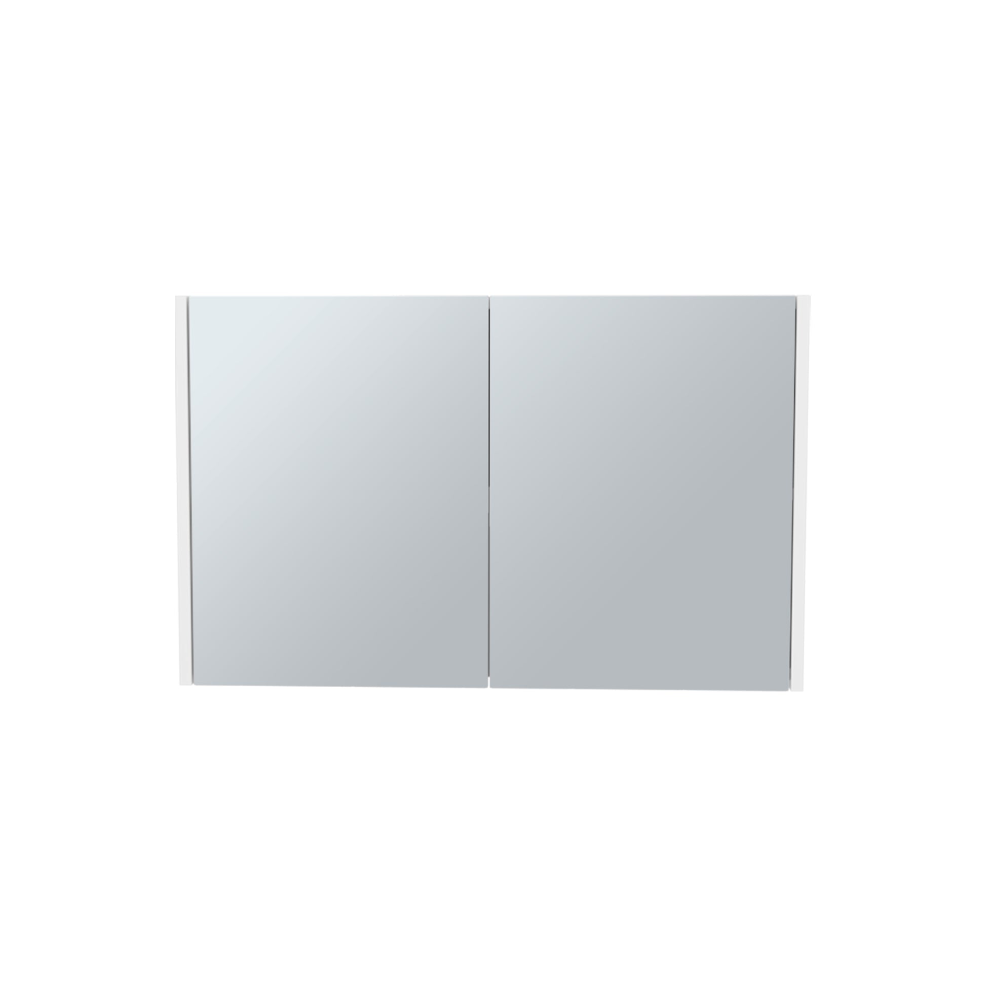Modern white medicine cabinet with two mirrored doors and clean lines