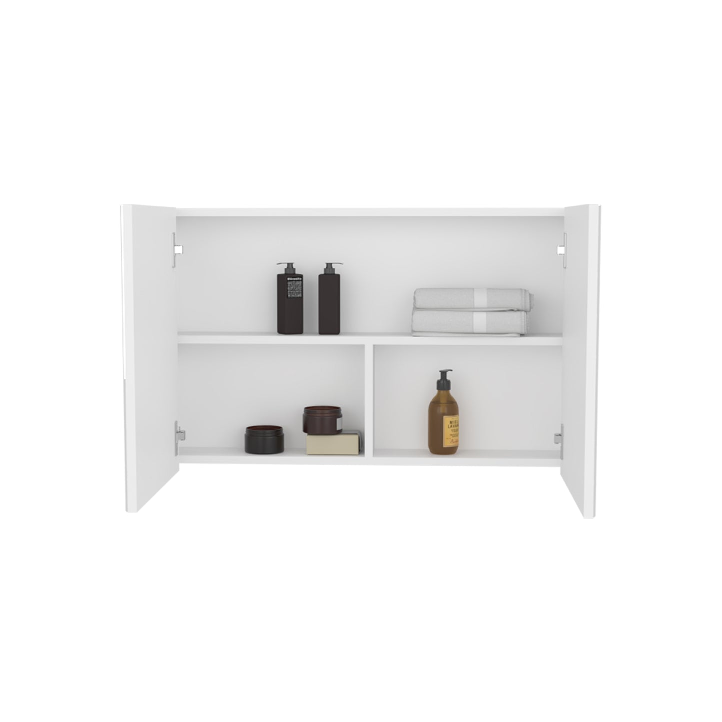 Modern white bathroom cabinet with two shelves holding toiletries and towels