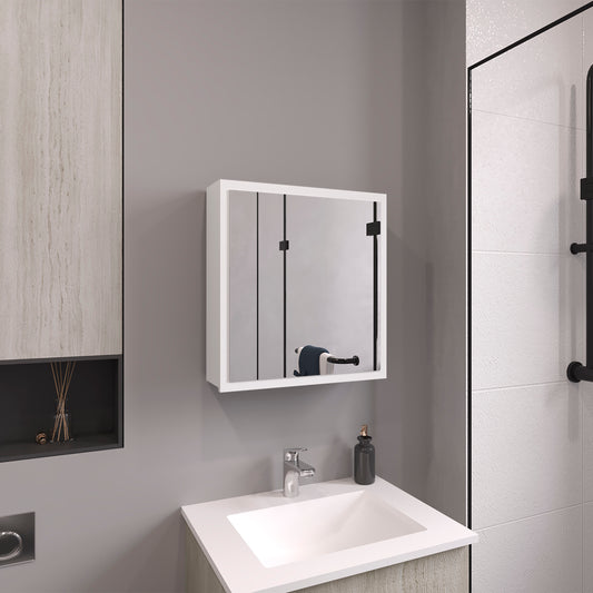 Modern white bathroom medicine cabinet with mirrored doors and black hardware