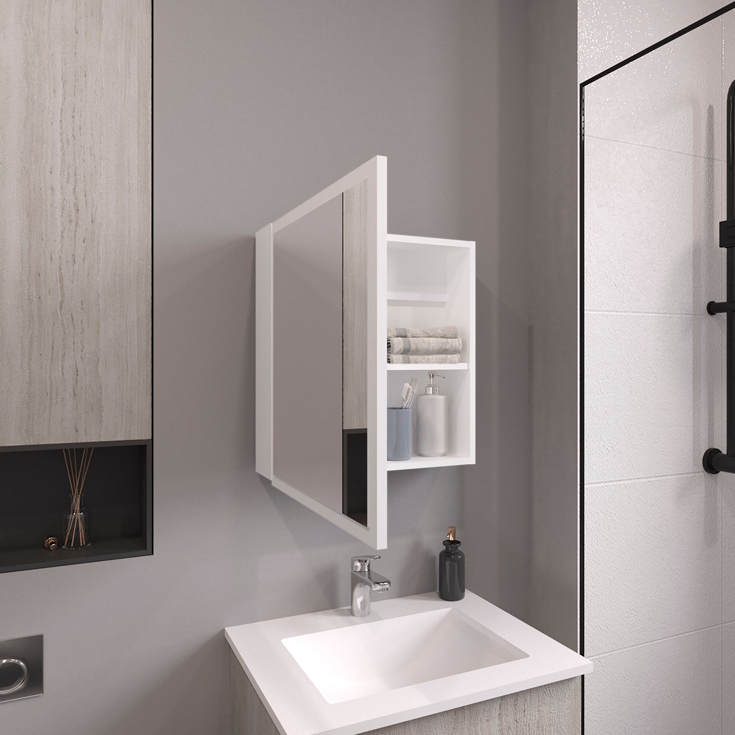 Modern white medicine cabinet with mirrored door and open shelving displaying toiletries