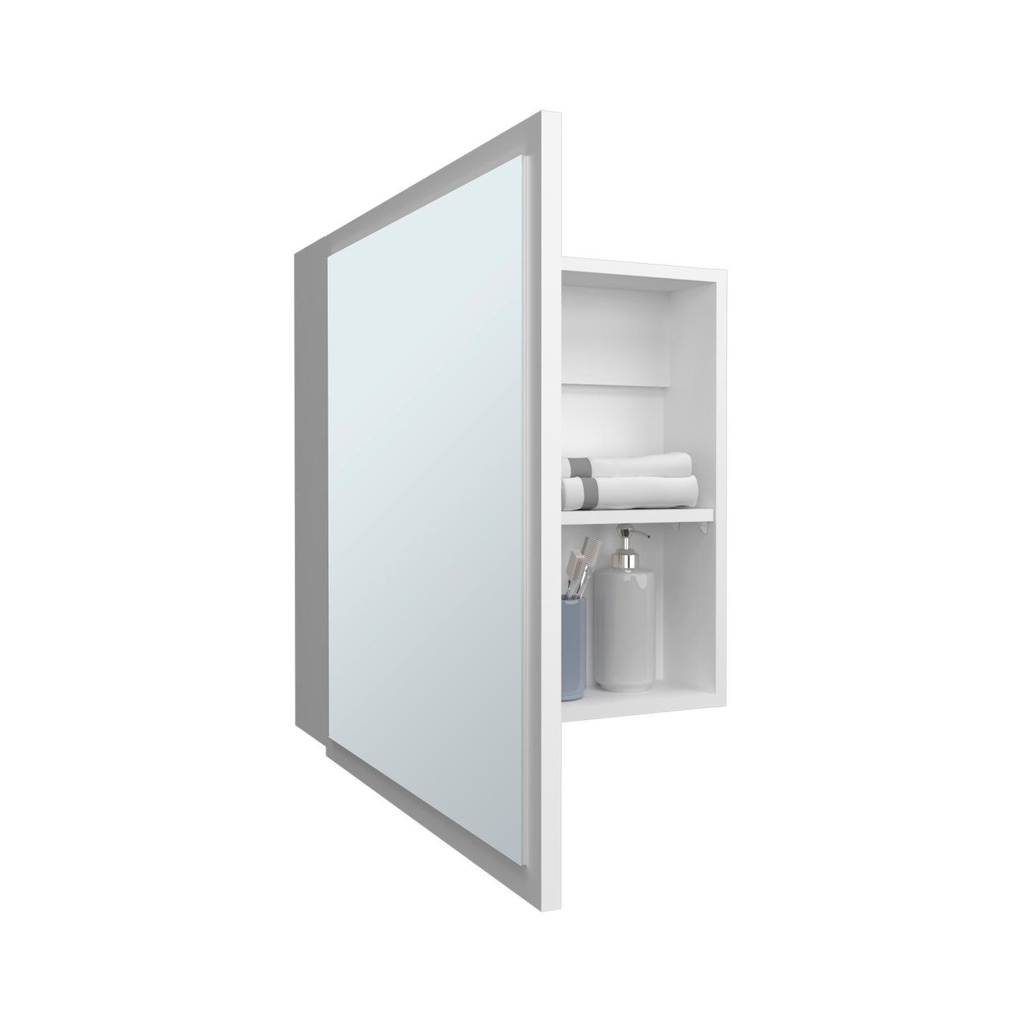 Modern white medicine cabinet with mirrored door and open shelving with towels