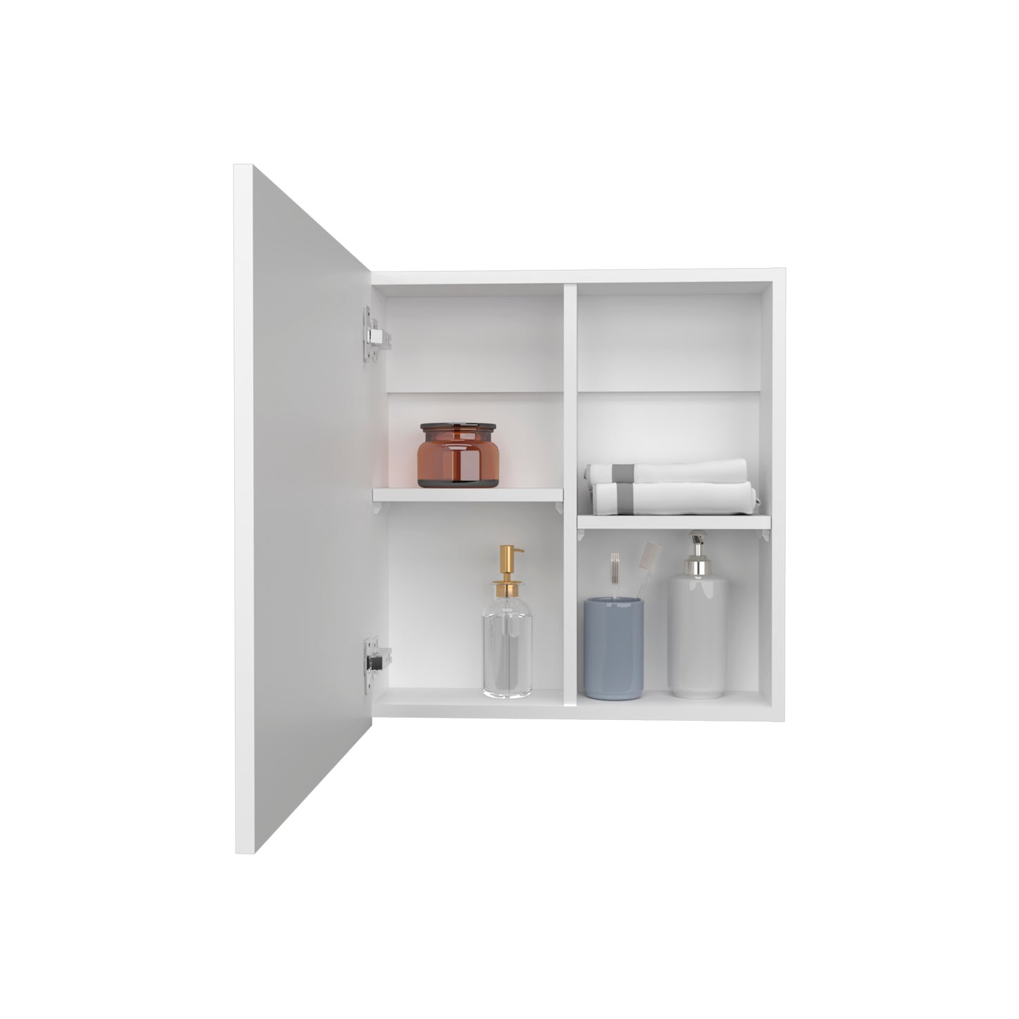 White modern bathroom medicine cabinet with open door showing organized toiletries