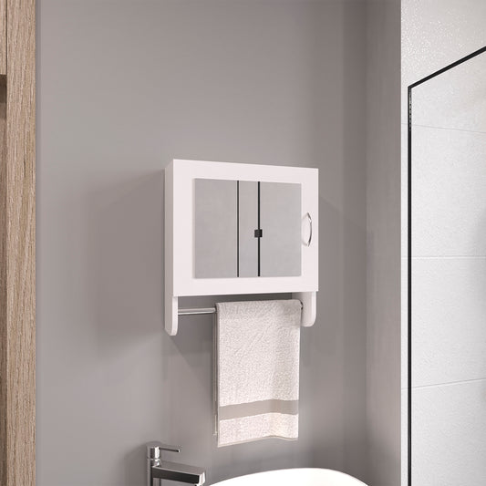 White mirrored bathroom cabinet with integrated towel bar and plush towel