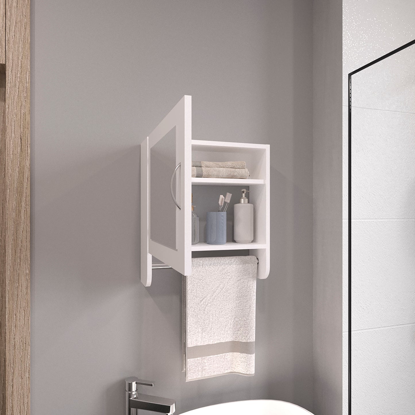Modern white wallmounted bathroom shelf with integrated towel bar holding towels and toiletries