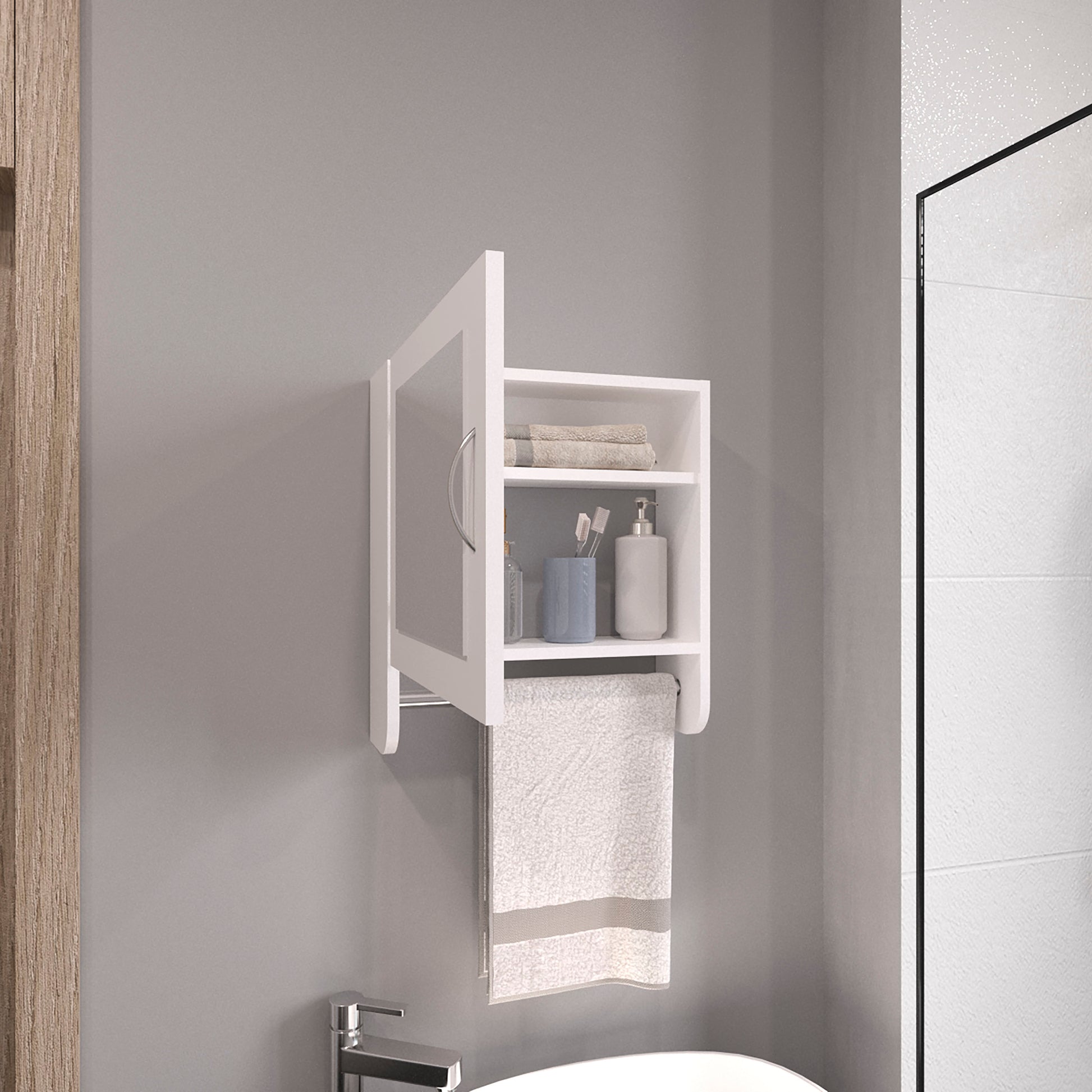 Modern white wallmounted bathroom shelf with integrated towel bar holding towels and toiletries