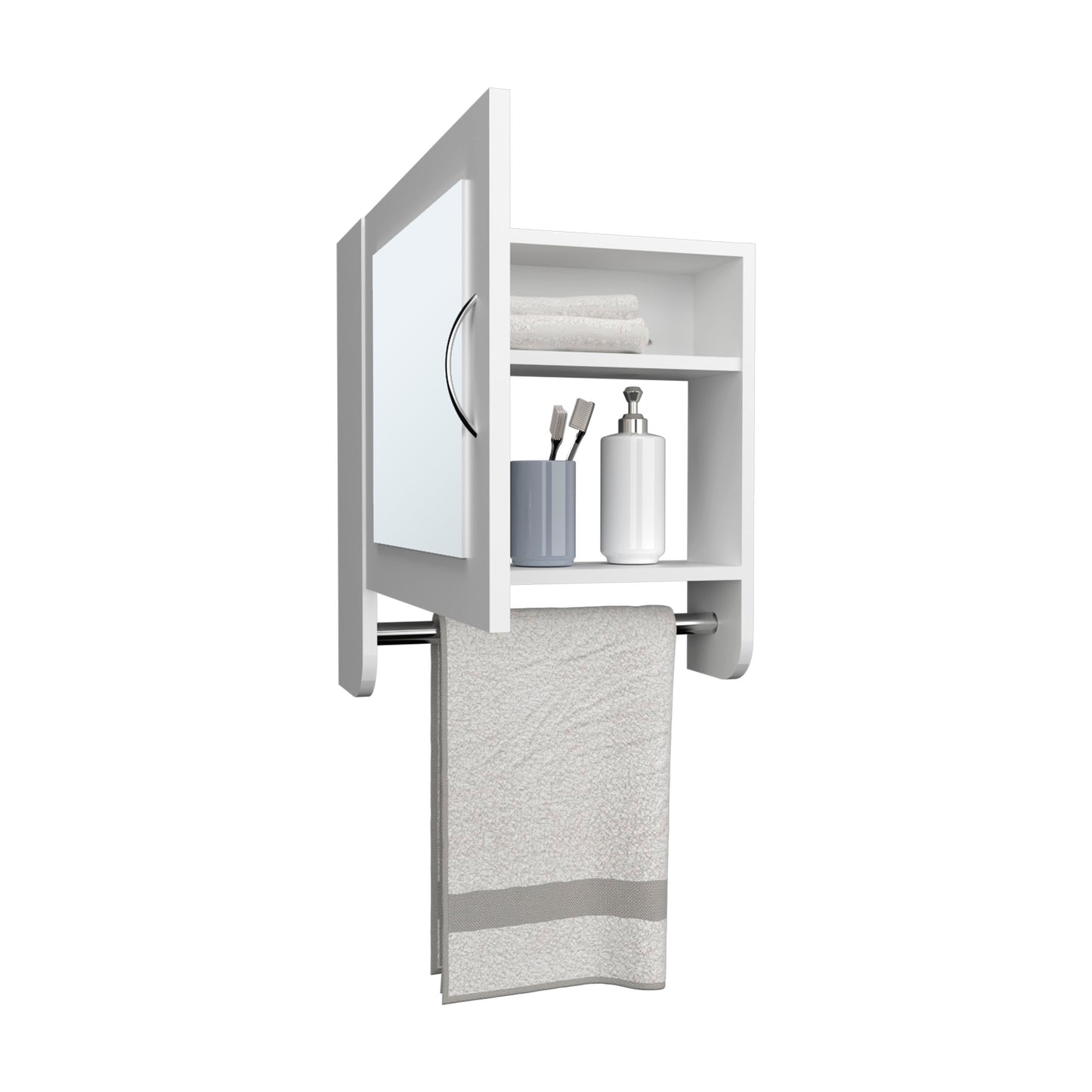 White wallmounted bathroom cabinet with shelves towel bar and mirror