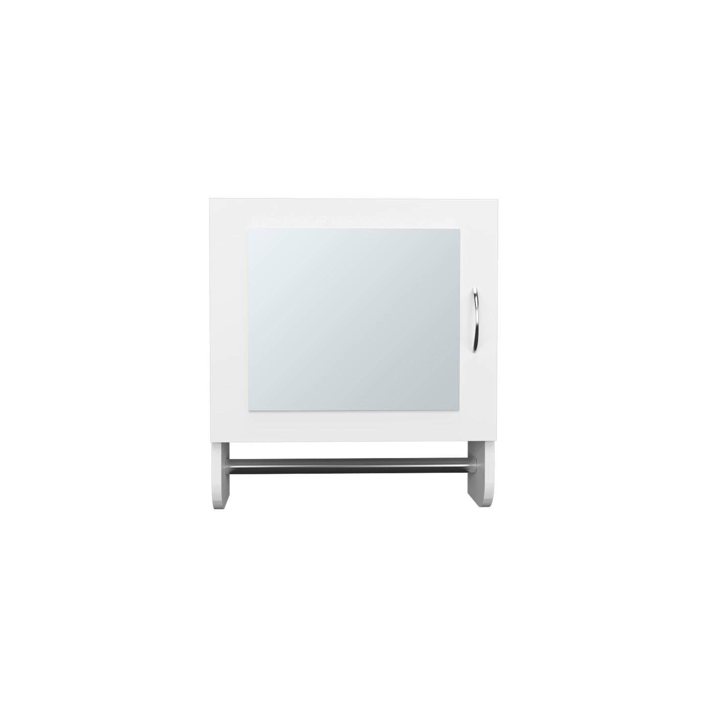 Modern white medicine cabinet with mirrored door and chrome handle for bathroom storage