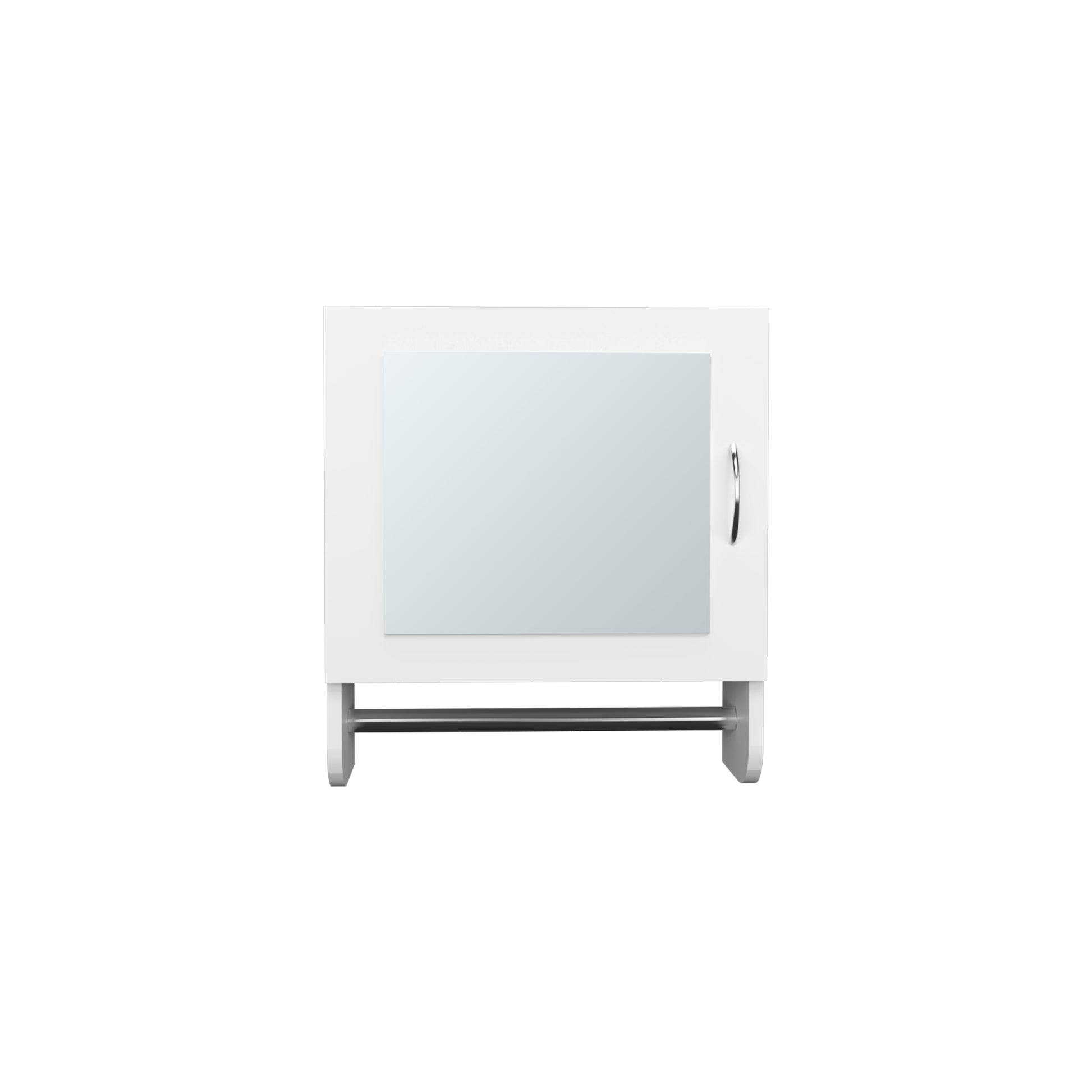 Modern white medicine cabinet with mirrored door and chrome handle for bathroom storage