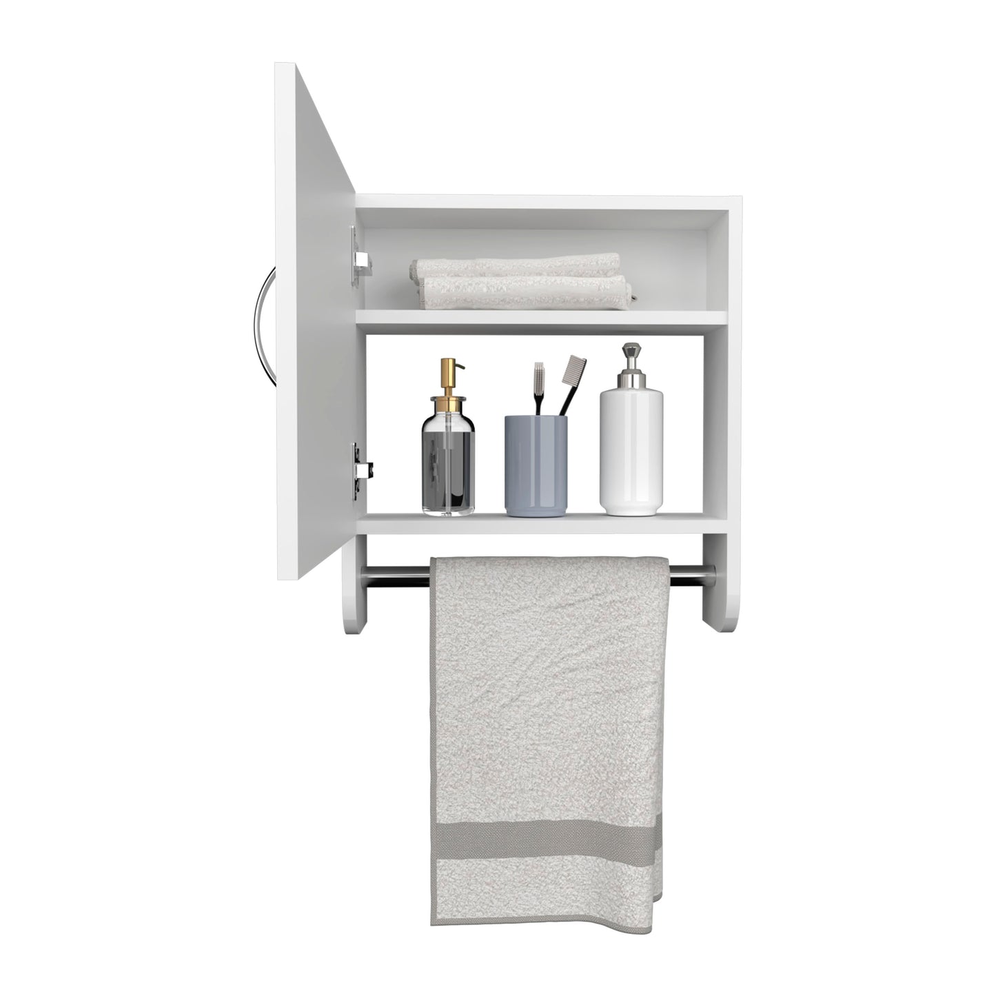 White wall mounted medicine cabinet with door open showing toiletries and folded towels
