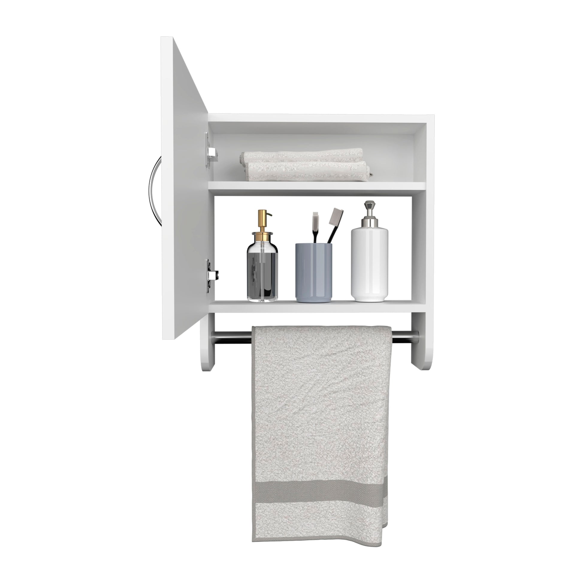 White wall mounted medicine cabinet with door open showing toiletries and folded towels