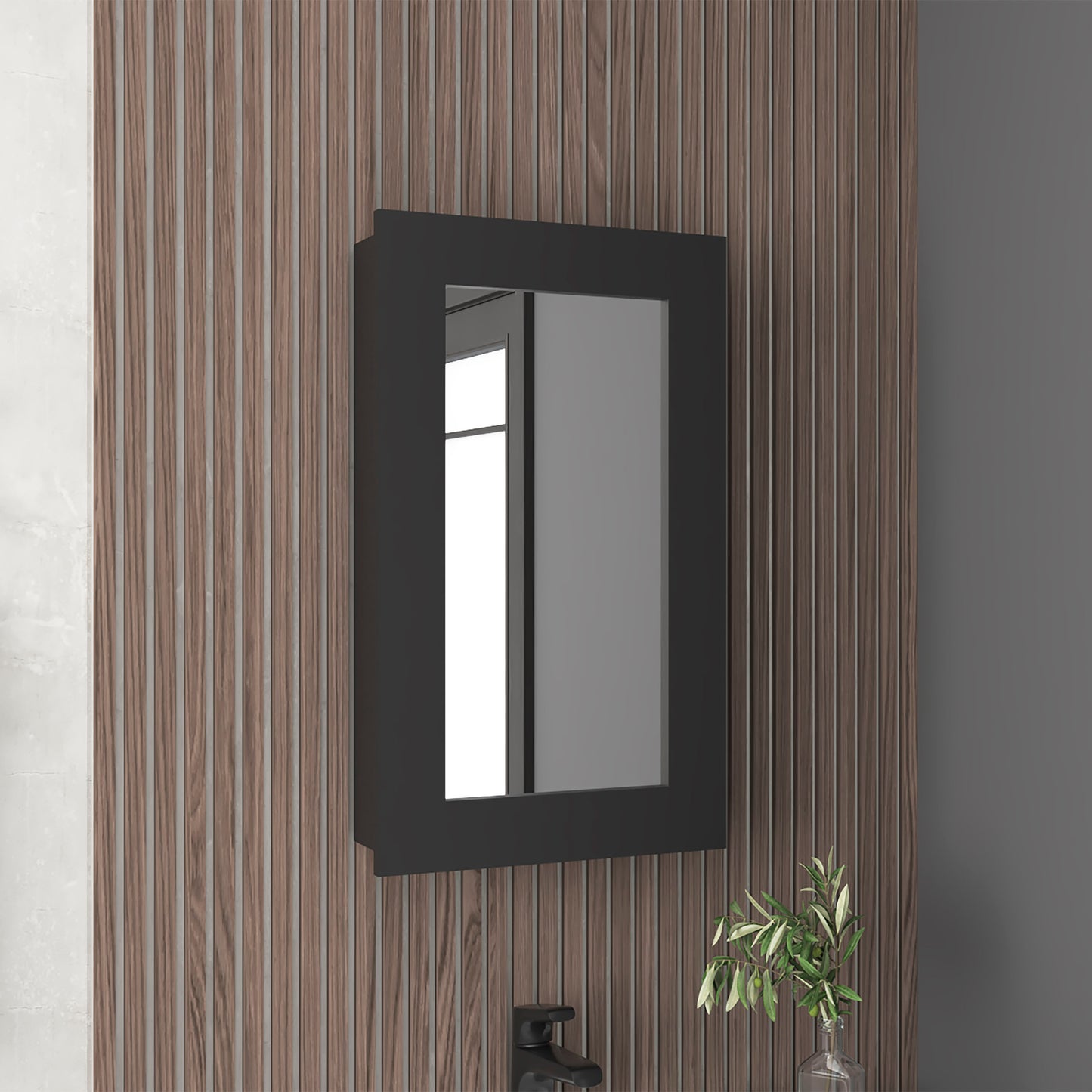 Modern black medicine cabinet with mirrored door mounted on a slatted woodeffect wall