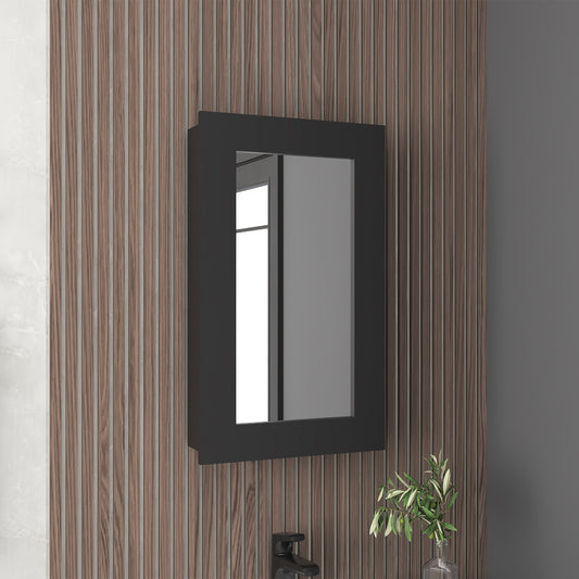 Modern black medicine cabinet with mirrored door mounted on a slatted woodeffect wall