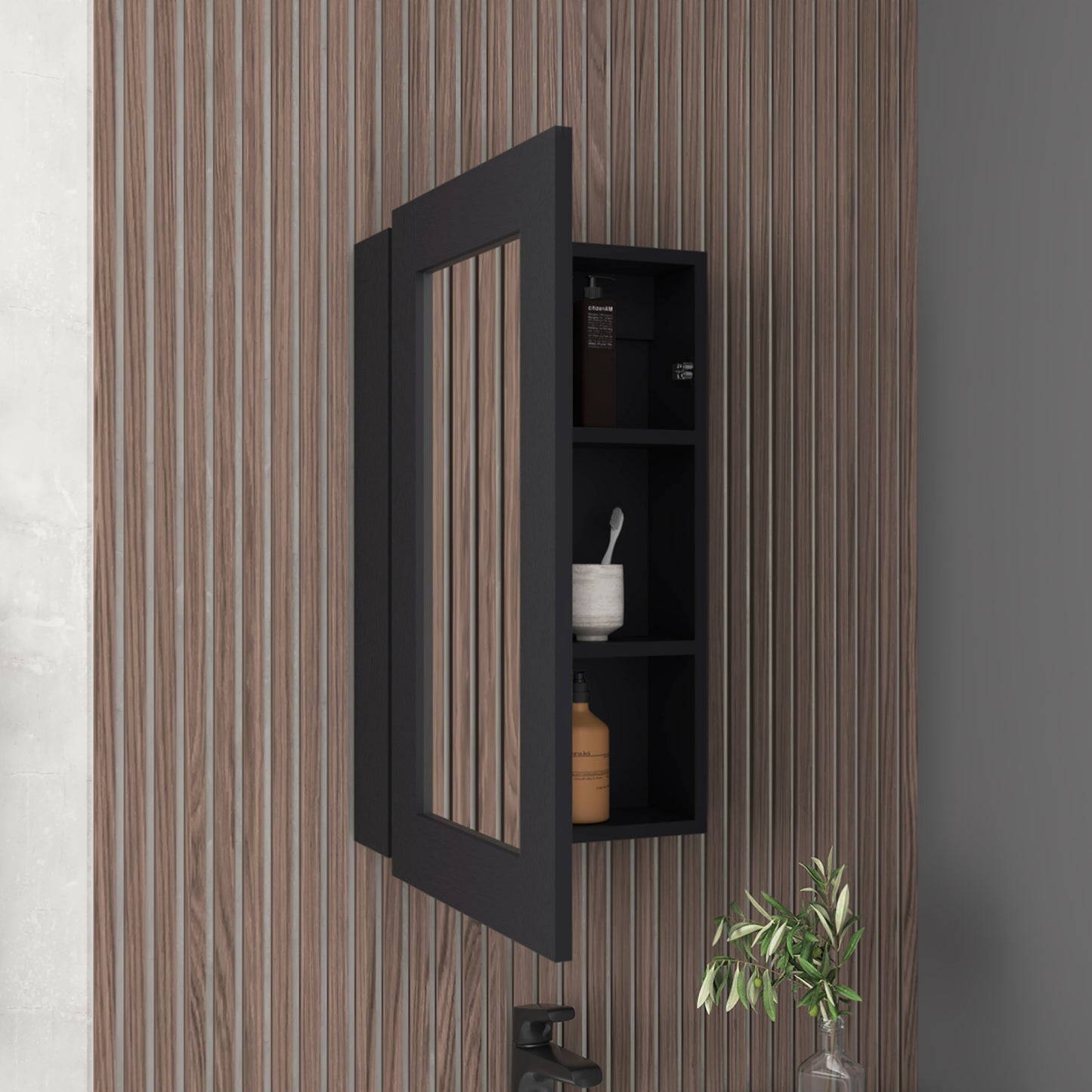 Matte black medicine cabinet with mirrored door and open shelves ideal for modern bathrooms