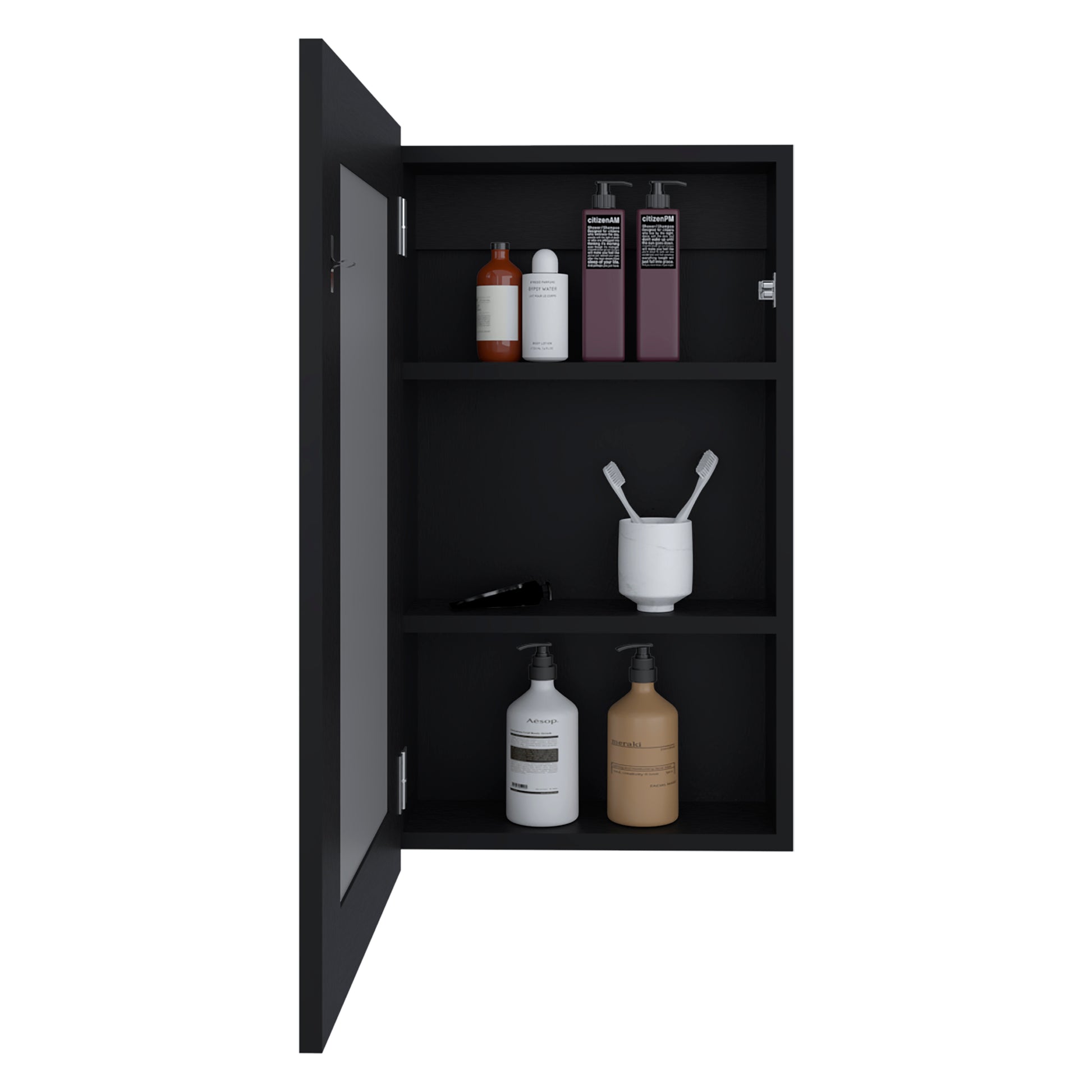 Modern black medicine cabinet with two shelves displaying toiletries and dental care items