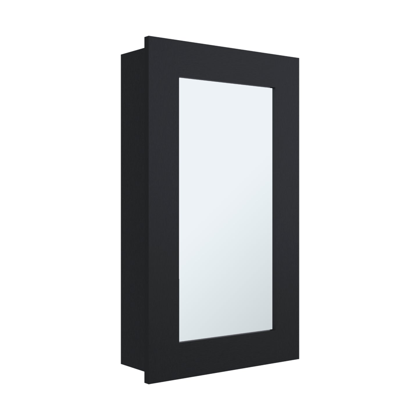 Sleek black minimalist medicine cabinet with a clean reflective mirror surface for modern bathrooms