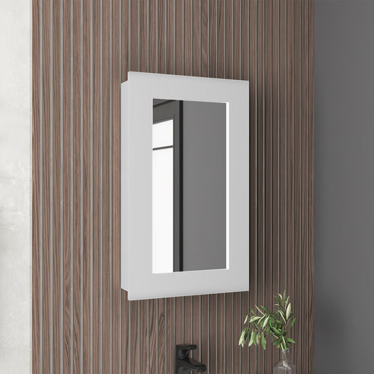 White recessed medicine cabinet with integrated LED lighting and a mirrored door