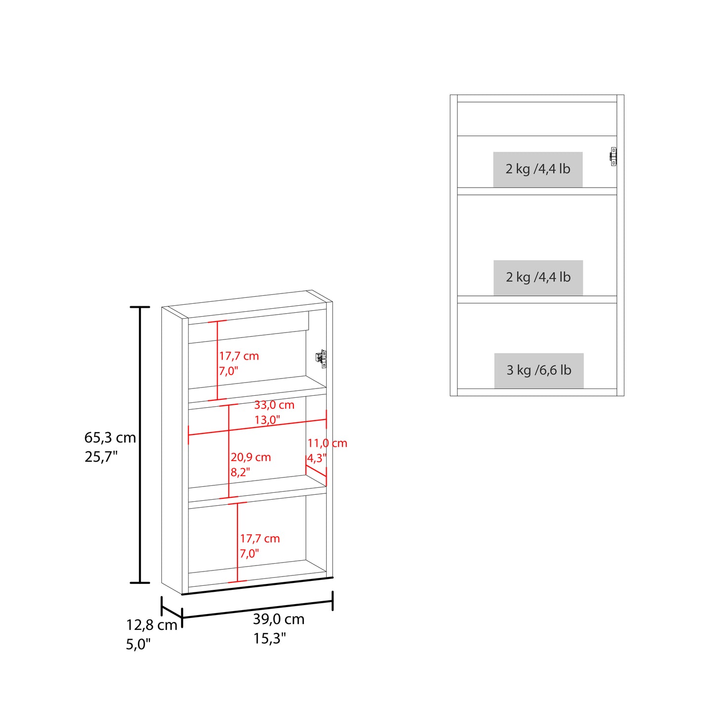 Exploded view diagram of a white bookcase showing dimensions and shelf weight capacities kglb kglb