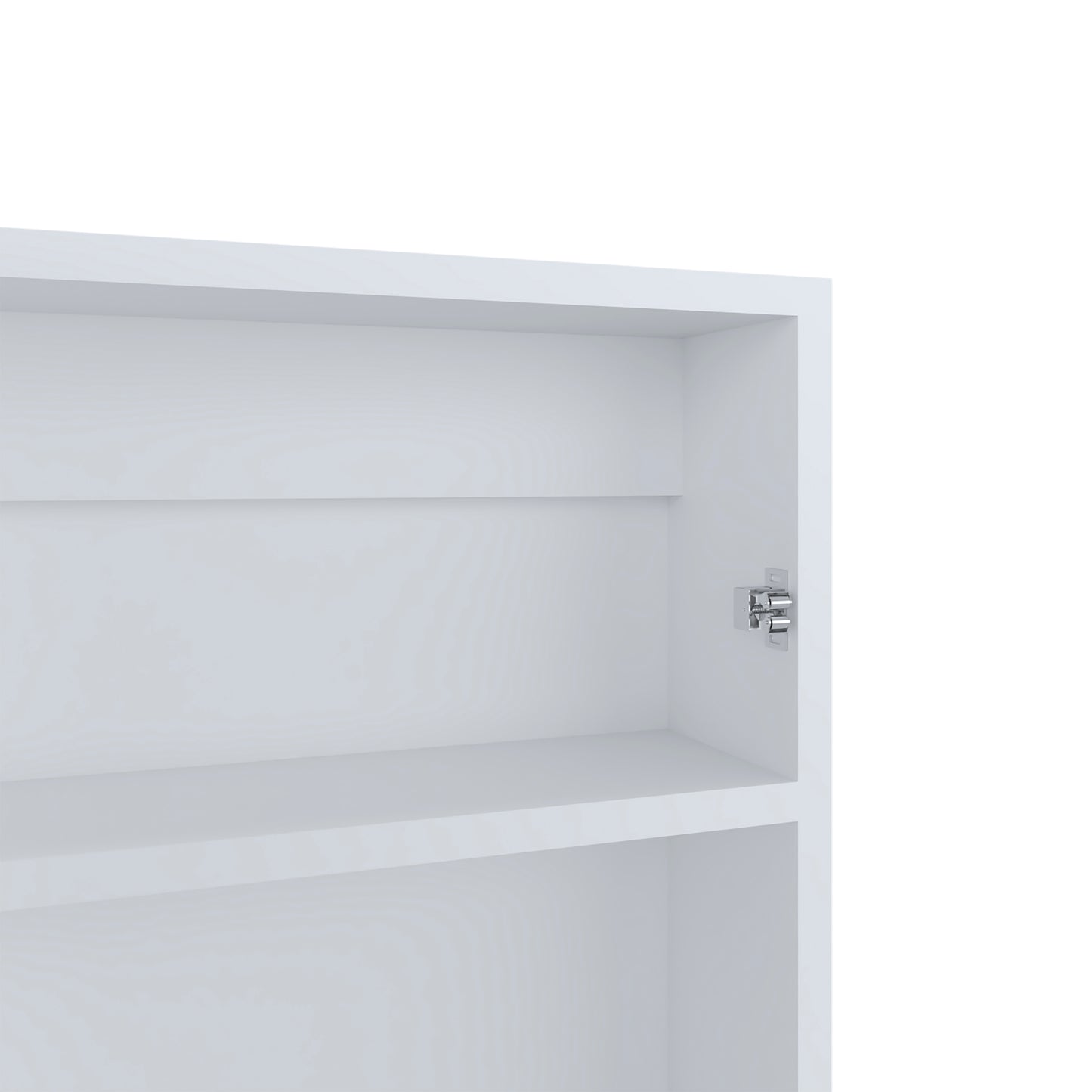 White melamine shelf with brushed metal hinge on cabinet door Modern storage solution
