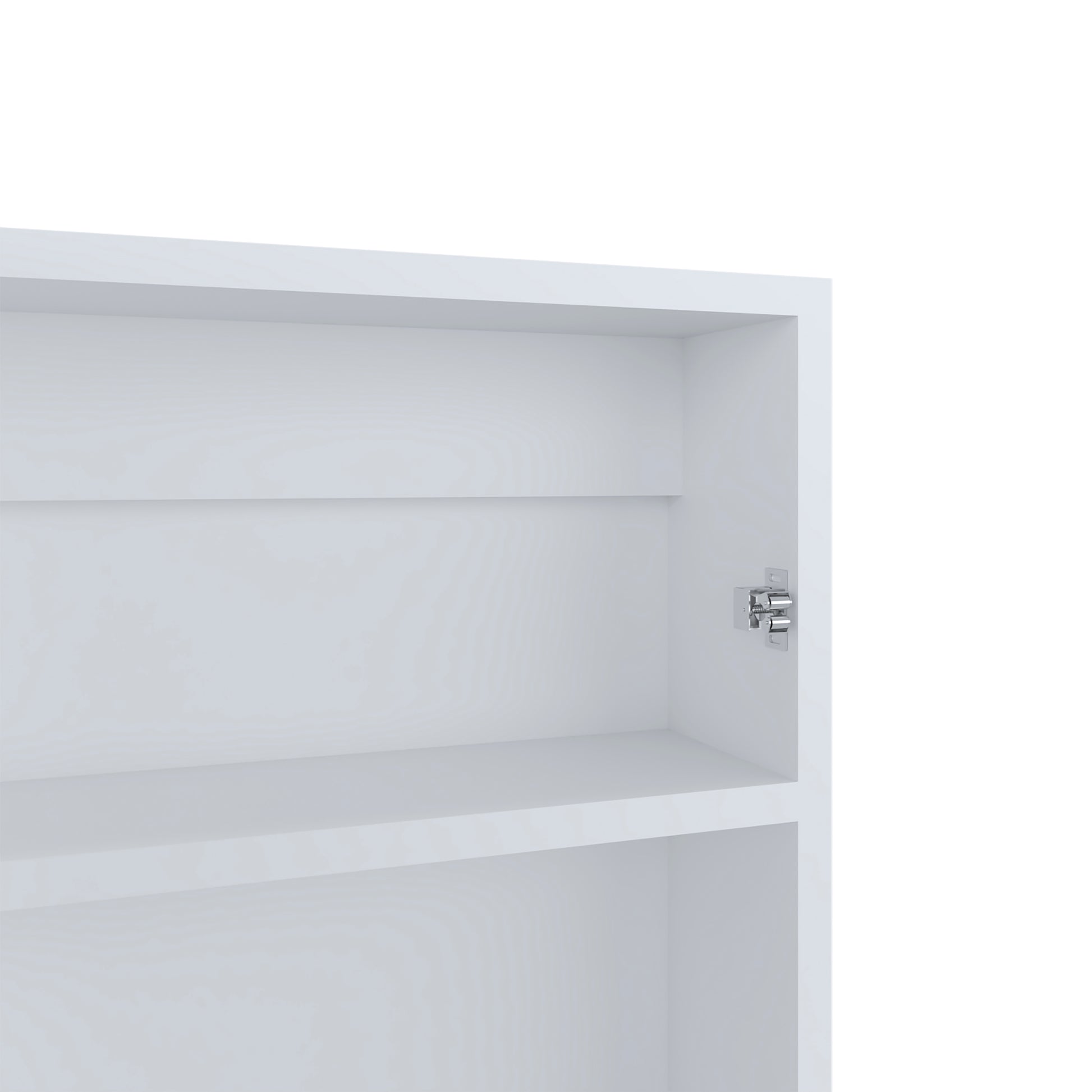 White melamine shelf with brushed metal hinge on cabinet door Modern storage solution