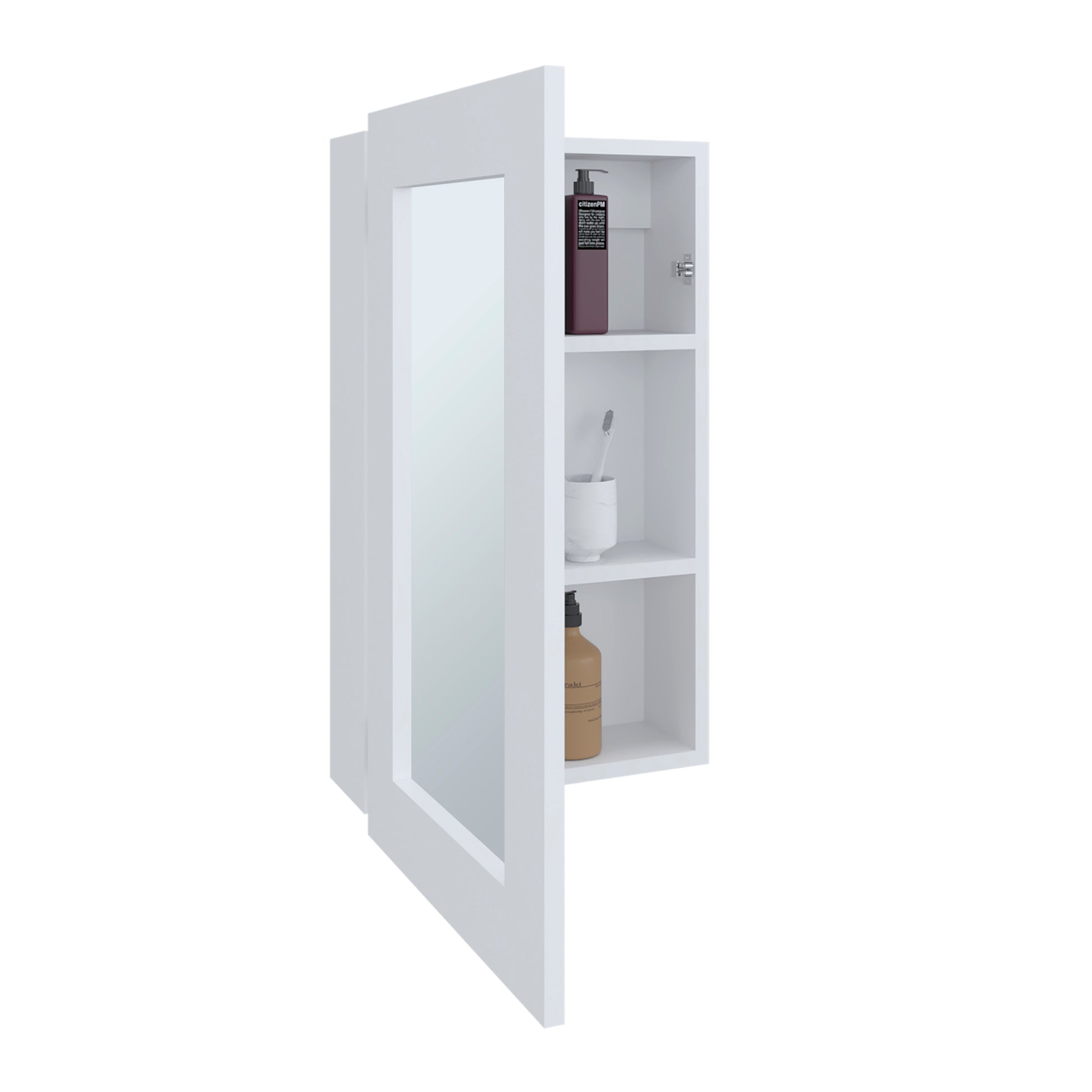 White mirrored medicine cabinet with open shelving perfect for modern bathrooms
