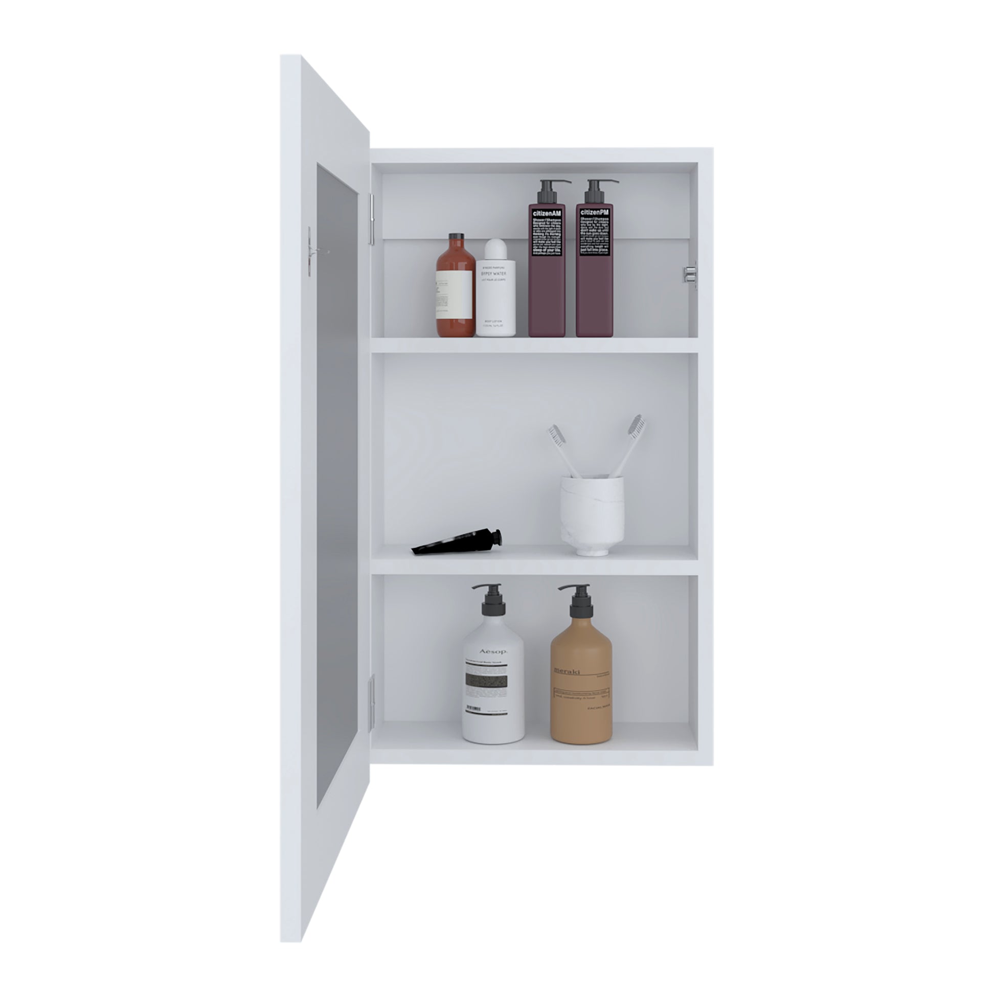 White medicine cabinet with open door showing toiletries
