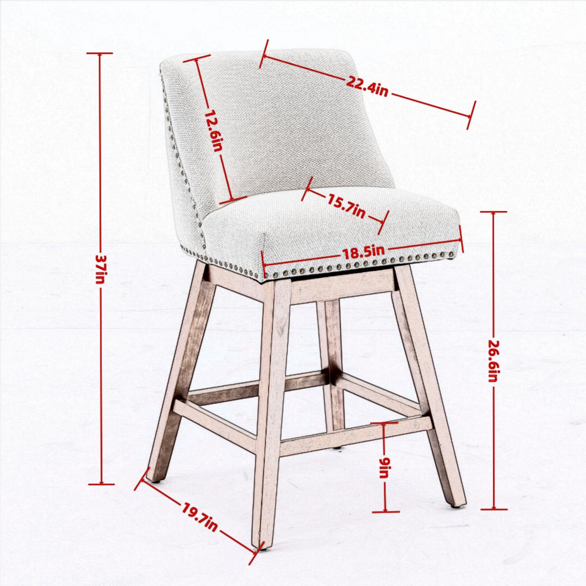 Neutral linen upholstered bar stool with studded trim and wooden legs