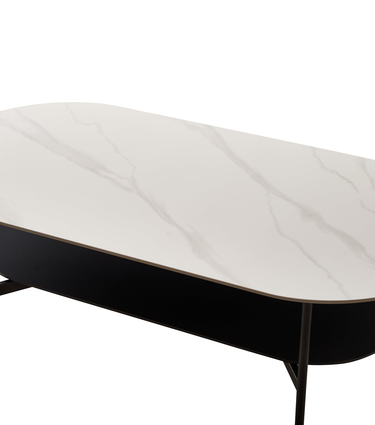 Modern white marble oval coffee table with black base and slim dark legs