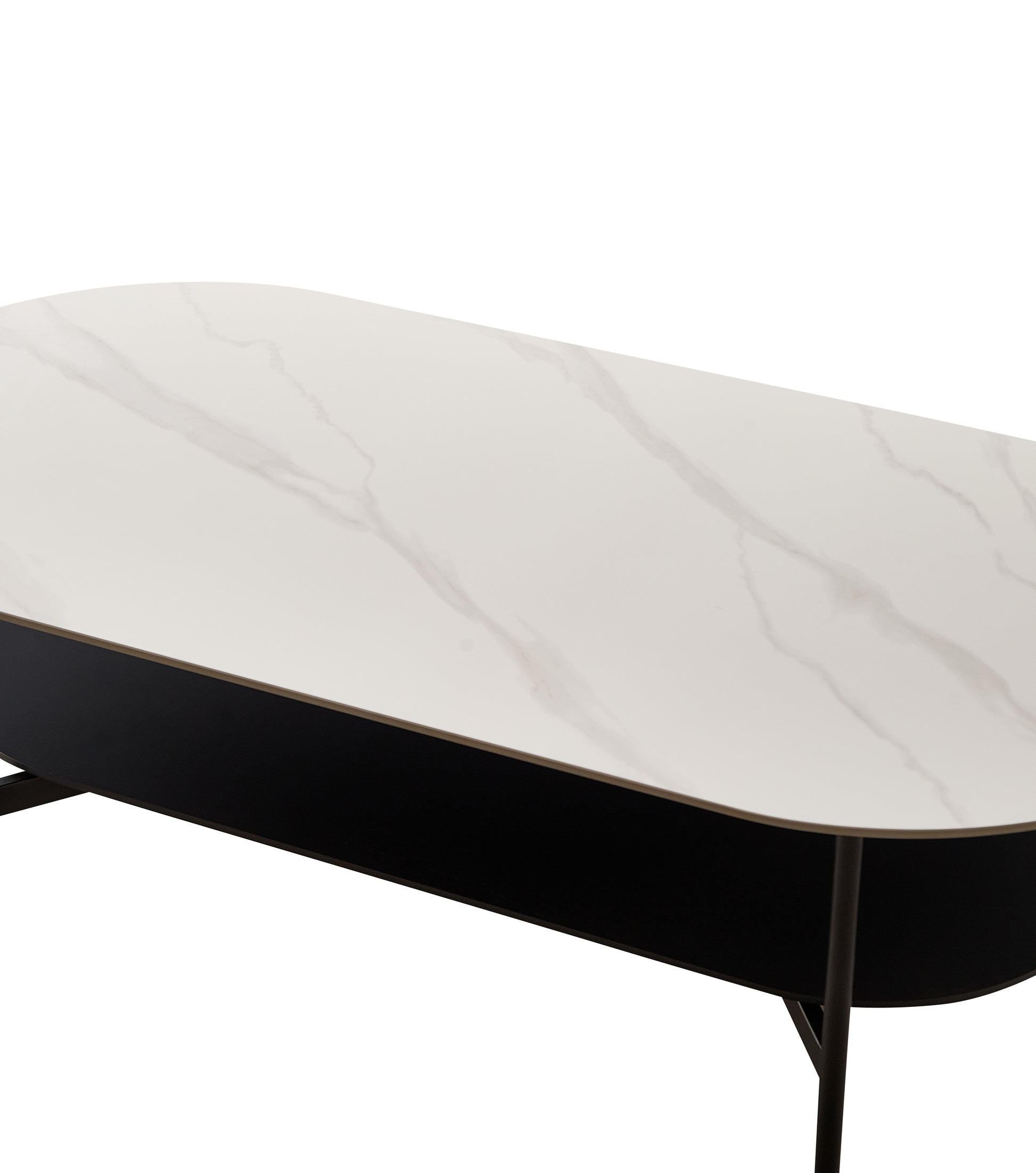 Modern white marble oval coffee table with black base and slim dark legs