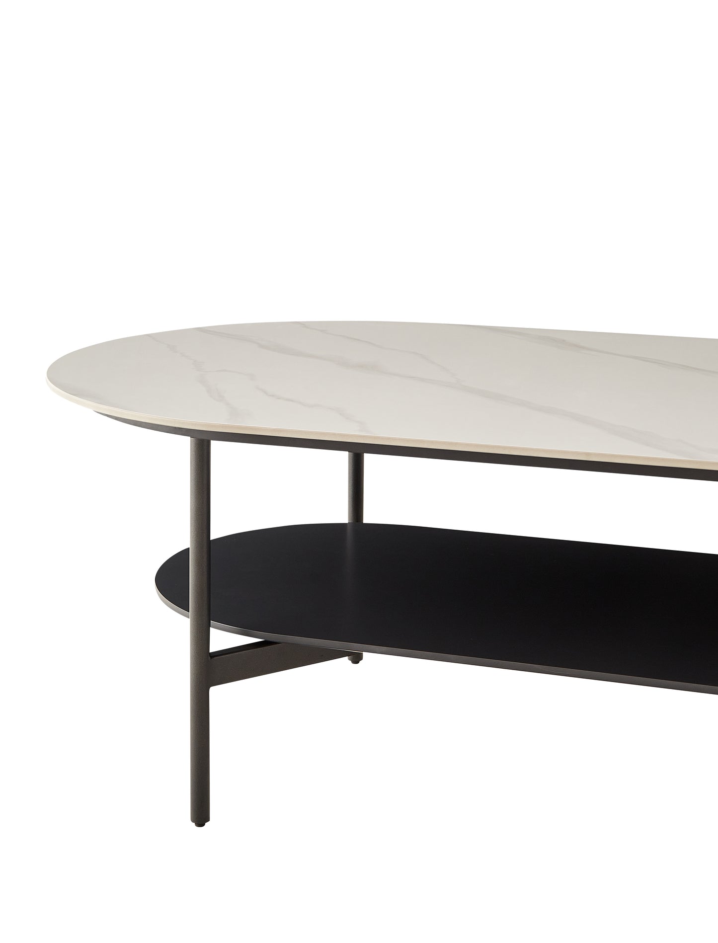 Modern oval coffee table with white marble top and black shelf