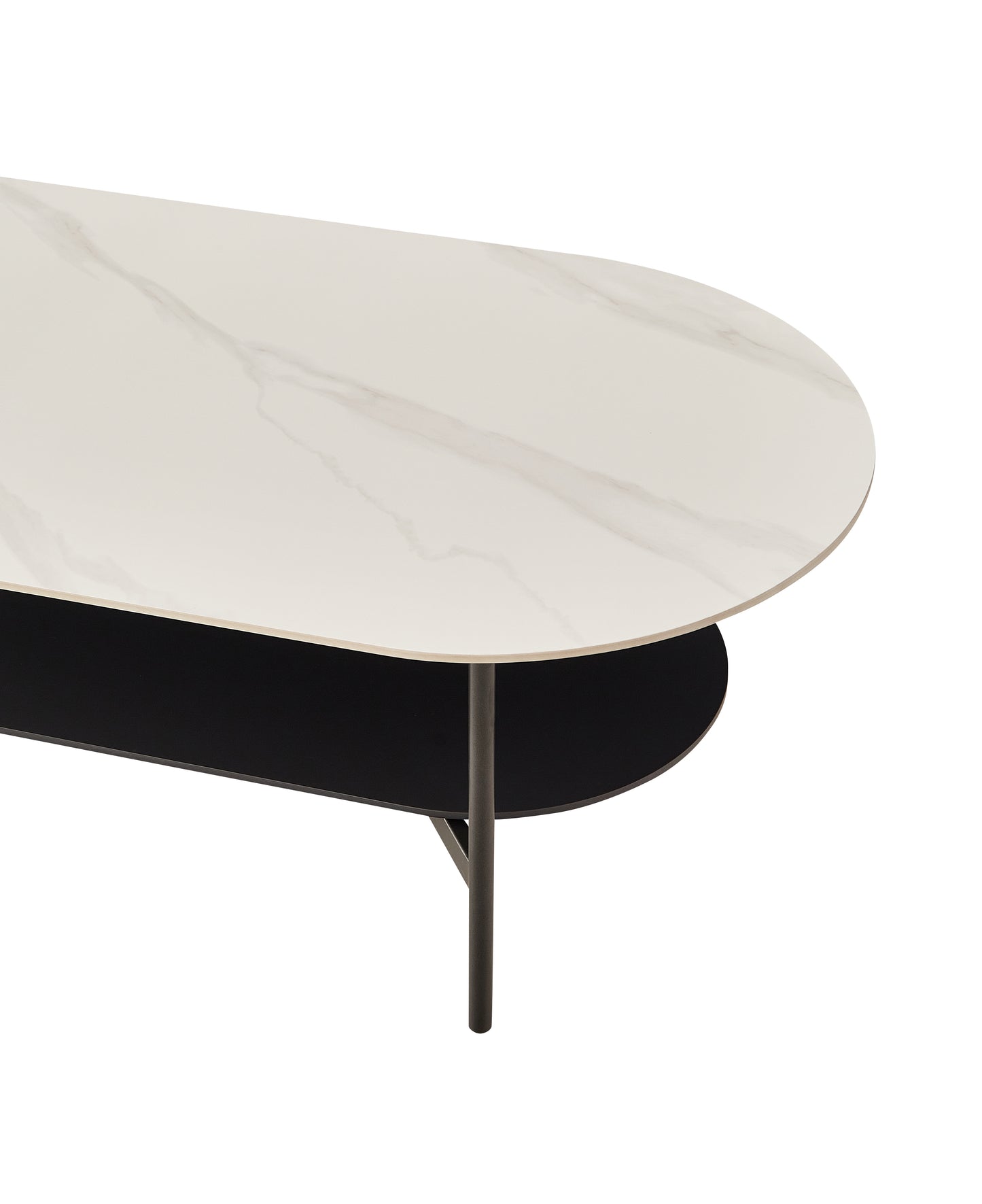 Minimalist oval coffee table with white marblelook top and black shelf