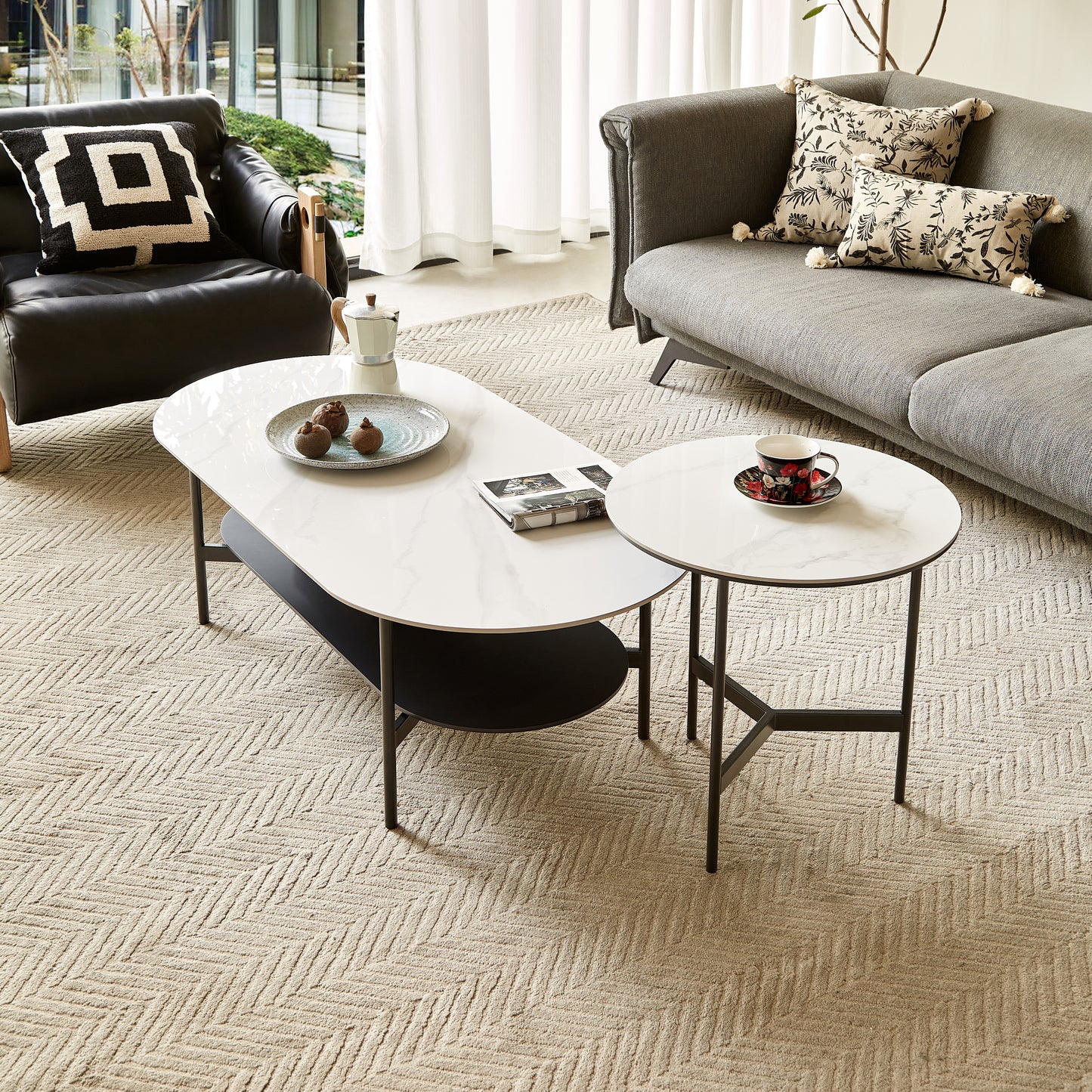 Modern white marble top coffee table with black metal legs