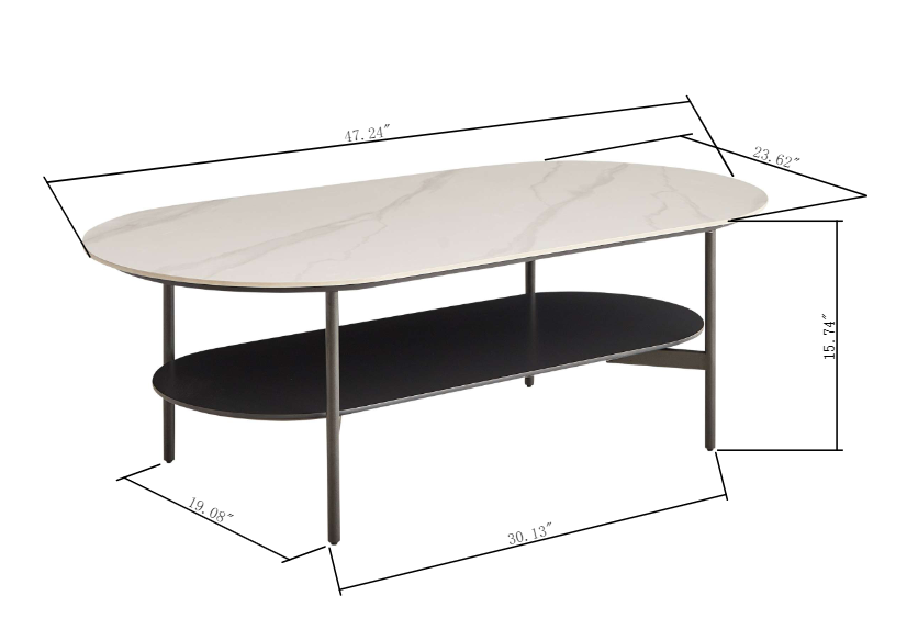 Oval marble coffee table with black lower shelf and metal frame