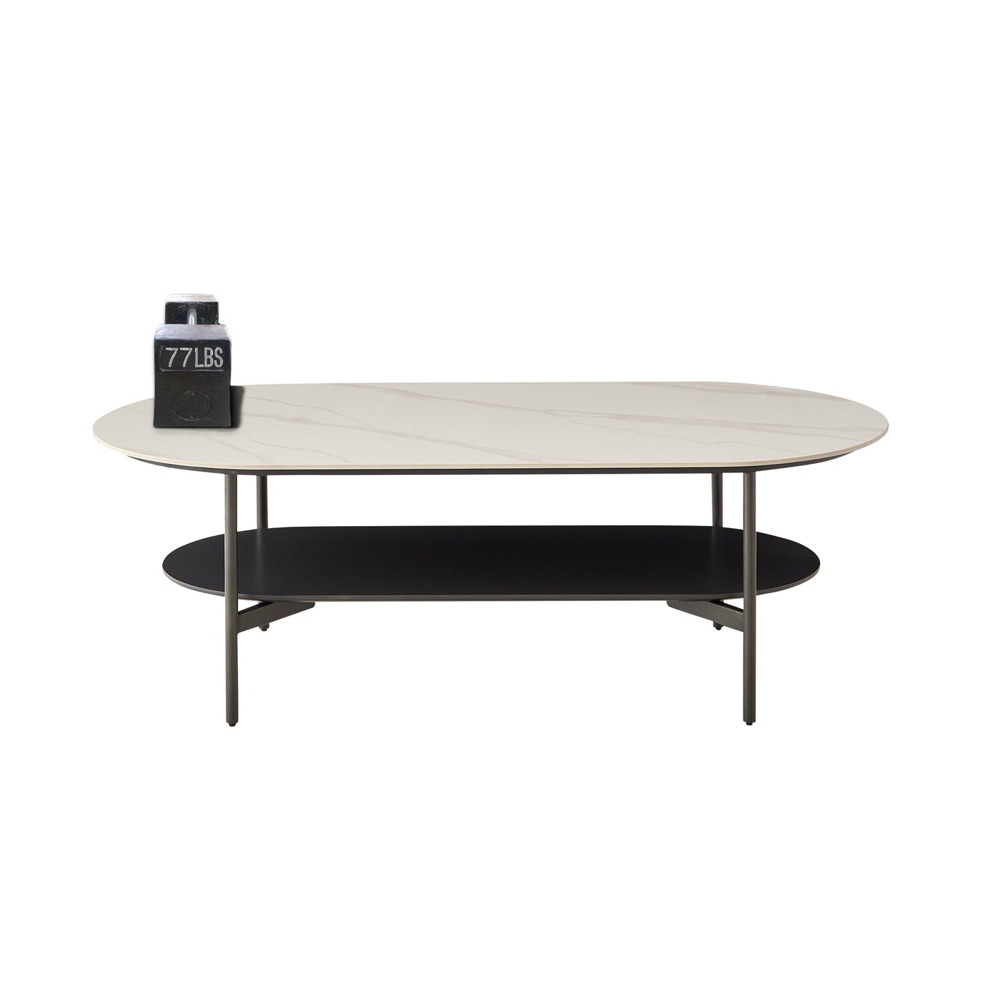Modern oval coffee table with marblelook top and dualtier shelving