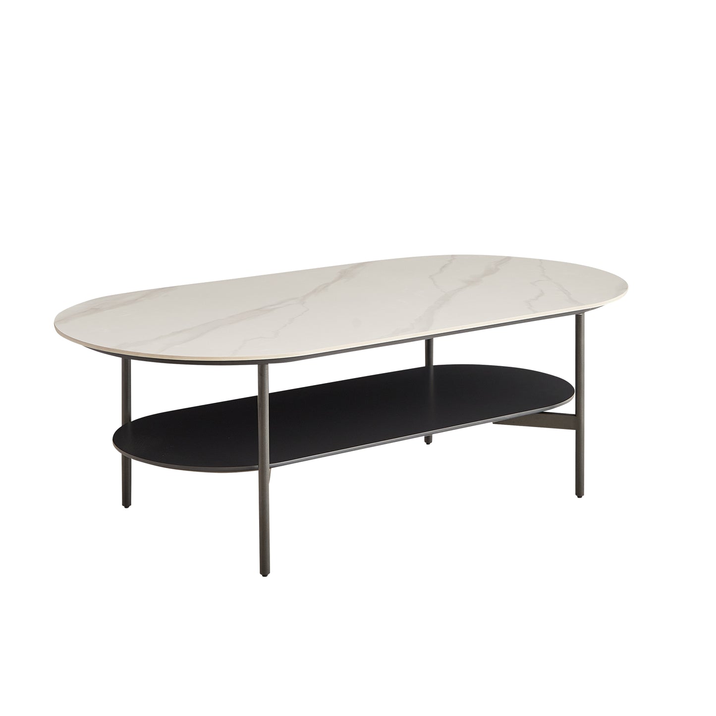 Oval marblelook coffee table with a dualtier design and dark metal frame