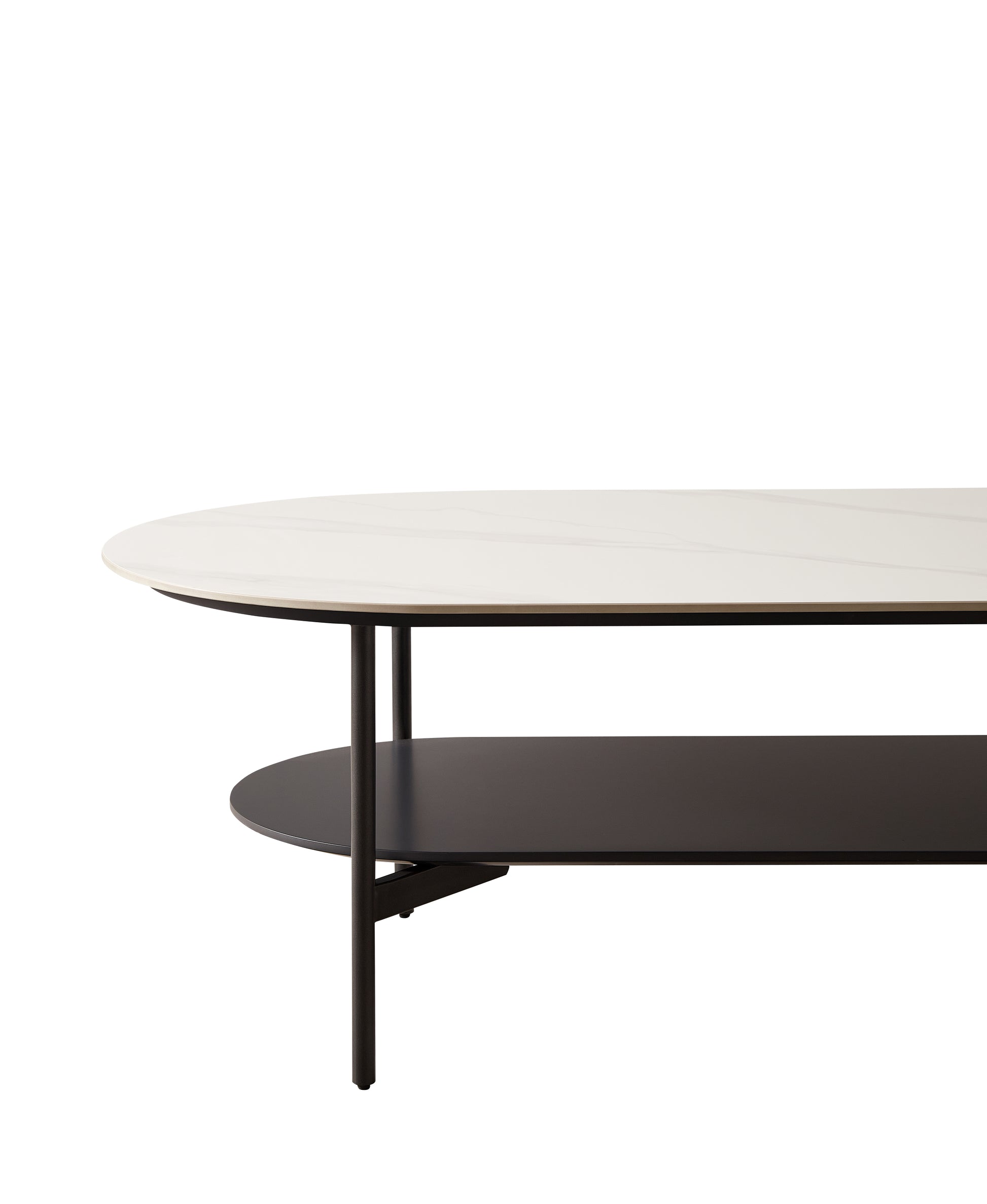 Modern oval coffee table with white marble top and dark gray shelf