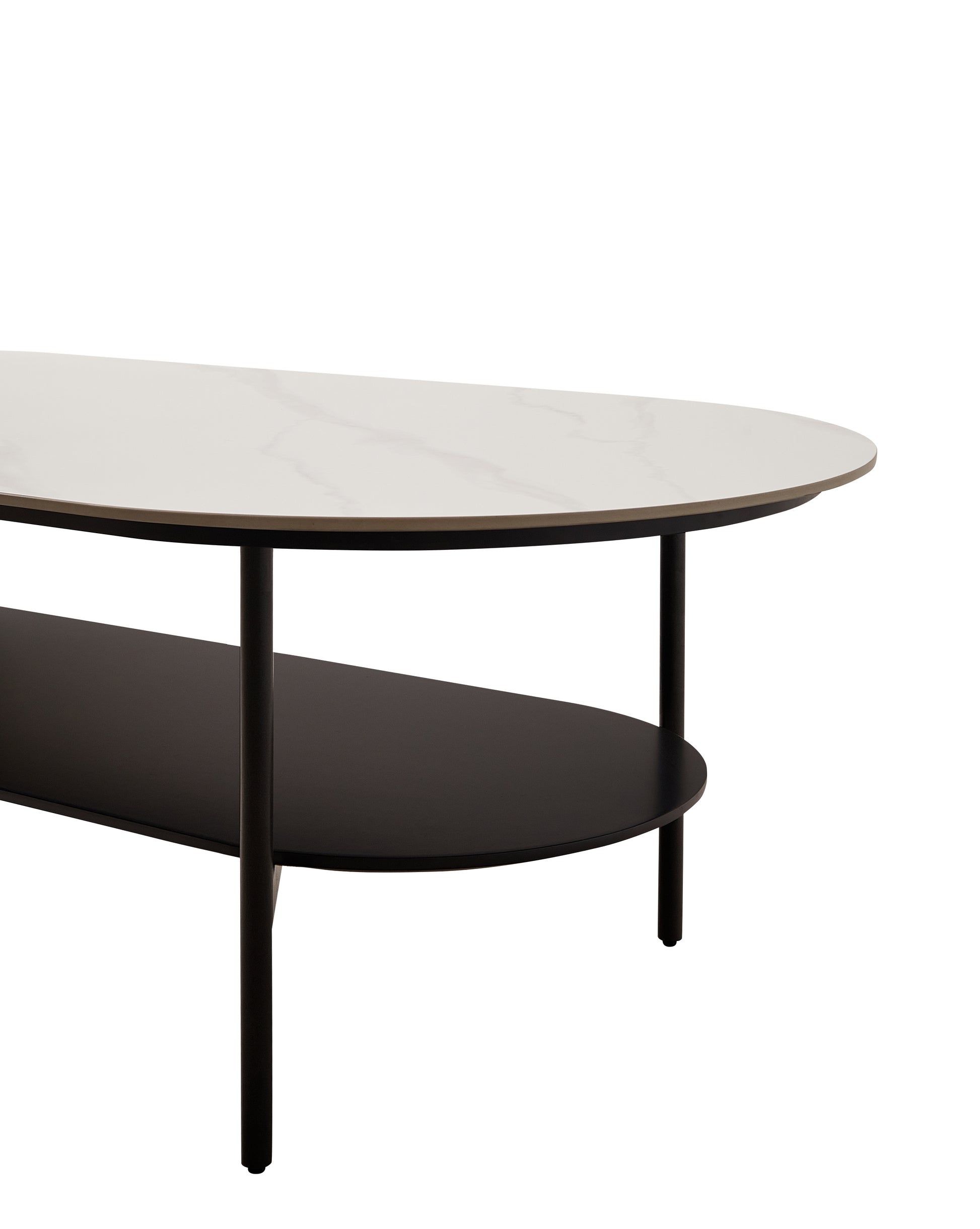 White oval coffee table with marblelook top and black shelf