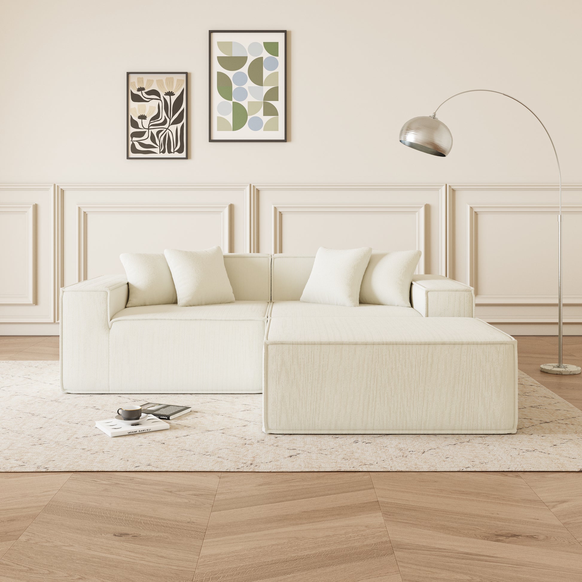 Cream modular sofa with textured fabric and plush cushions on a patterned rug