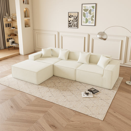 Cream modular sectional sofa with ottoman and plush cushions perfect for modern living rooms