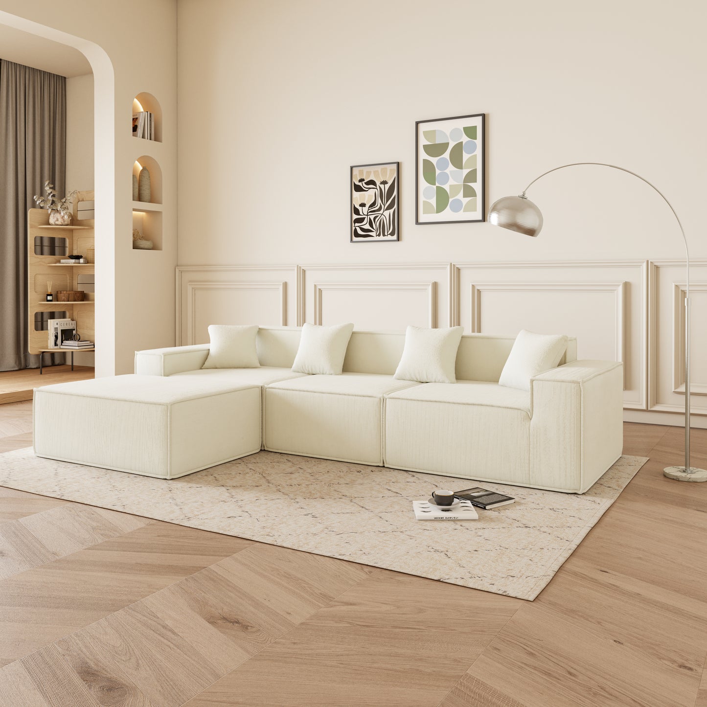 Cream fabric sectional sofa with plush cushions perfect for modern living rooms