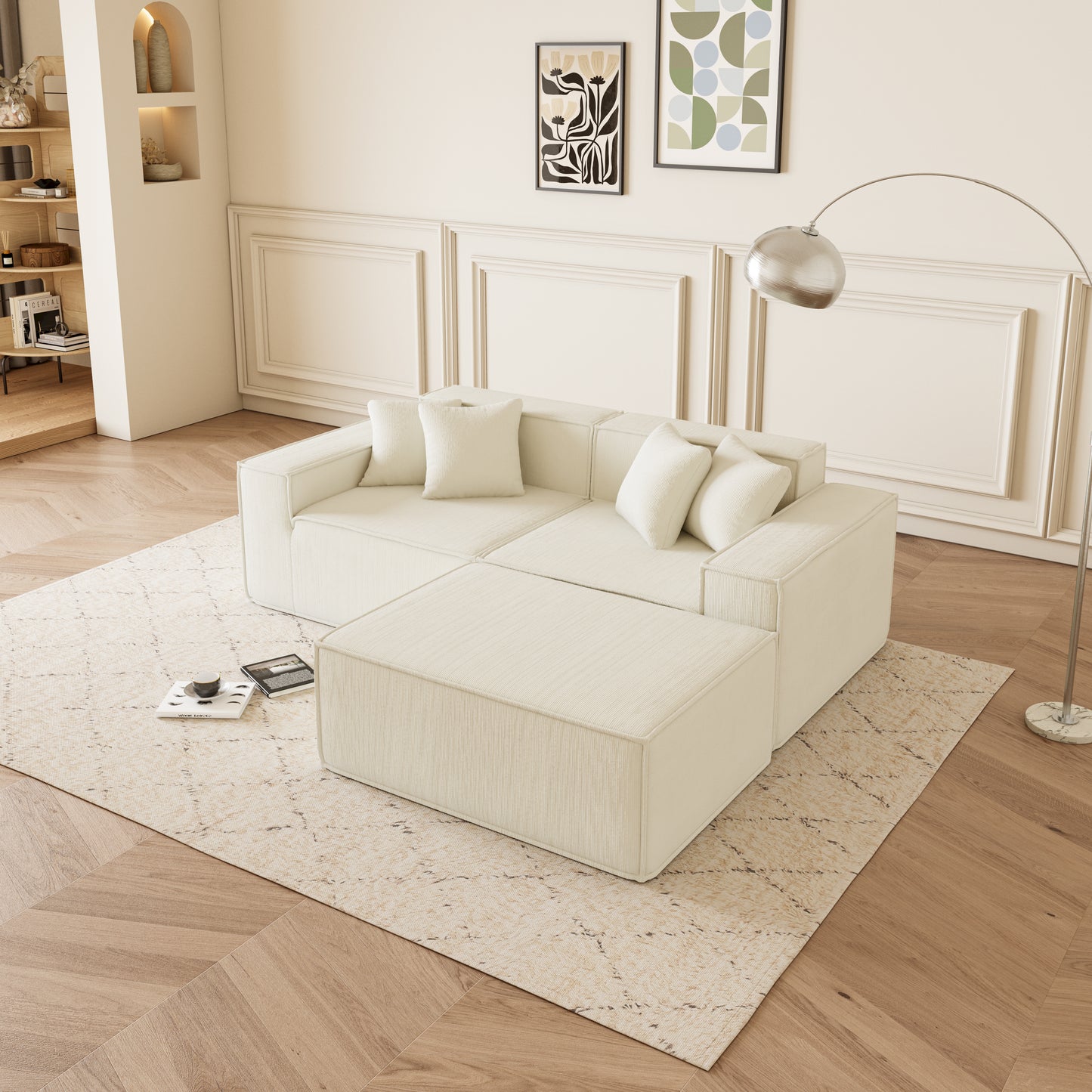 Modular beige linen sectional sofa with matching ottoman and throw pillows