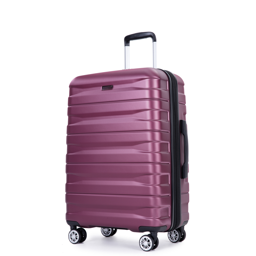 Plum hardside suitcase with four spinner wheels and telescopic handle