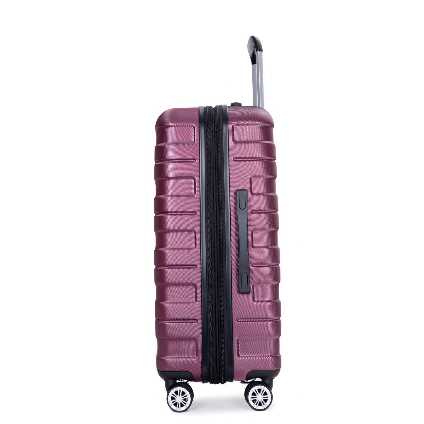 Purple hardshell carryon suitcase with textured finish and spinner wheels
