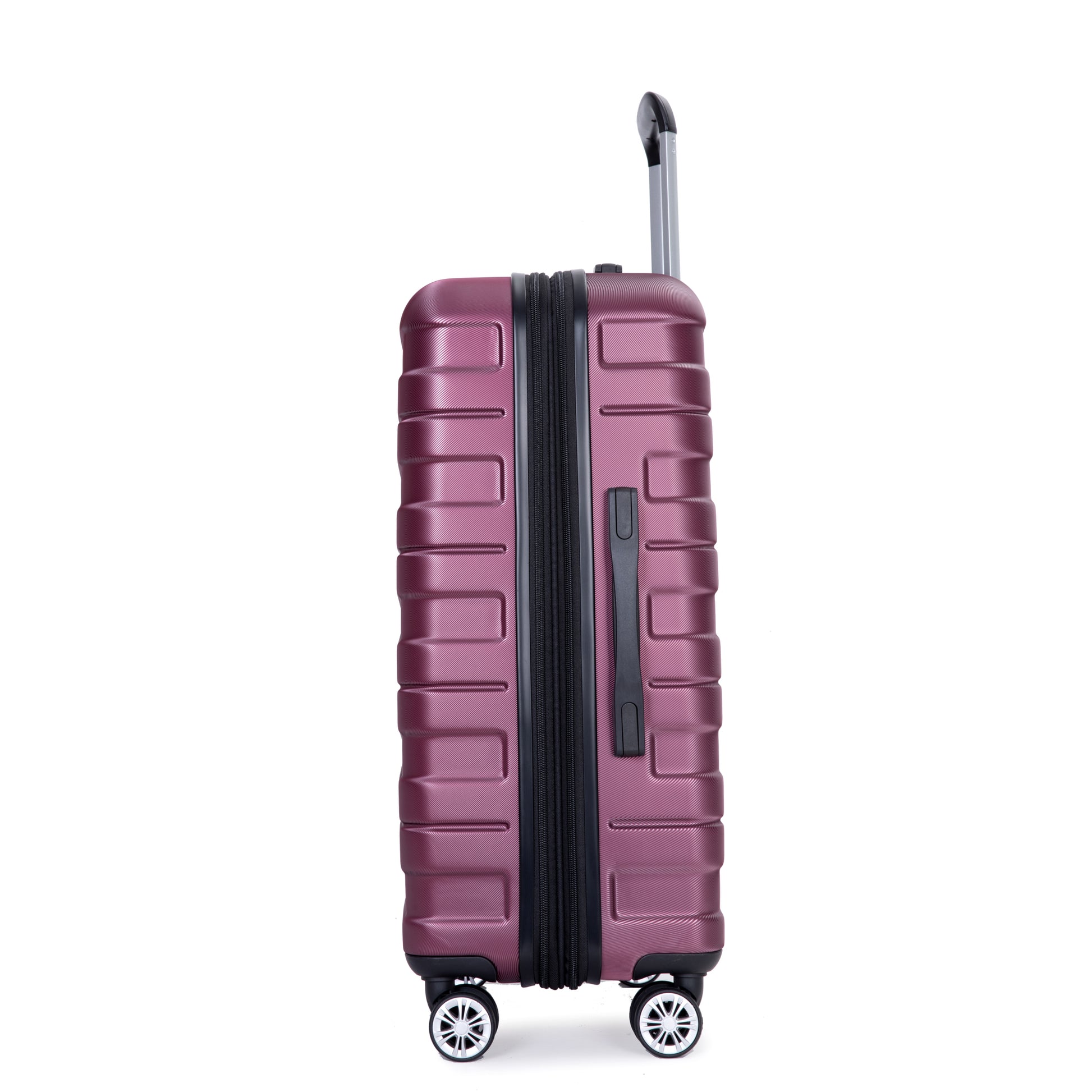 Purple hardshell carryon suitcase with textured finish and spinner wheels