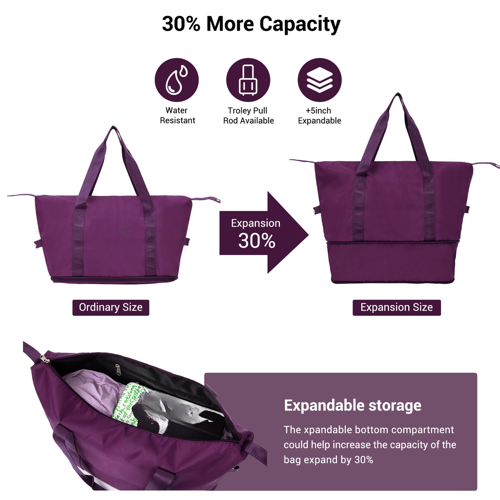 Purple expandable duffel bag in its ordinary size suitable for travel