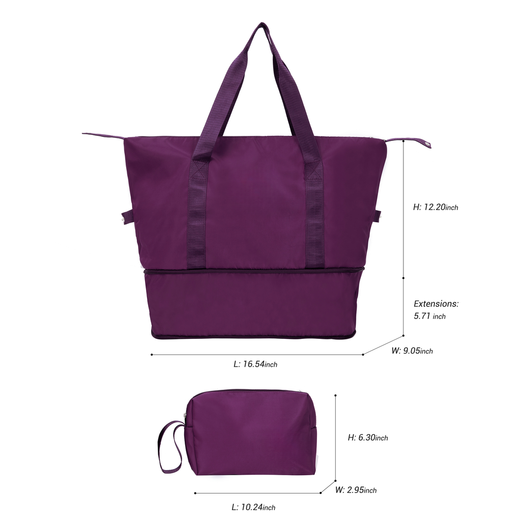 Purple duffel bag with dual handles and a separate zippered compartment