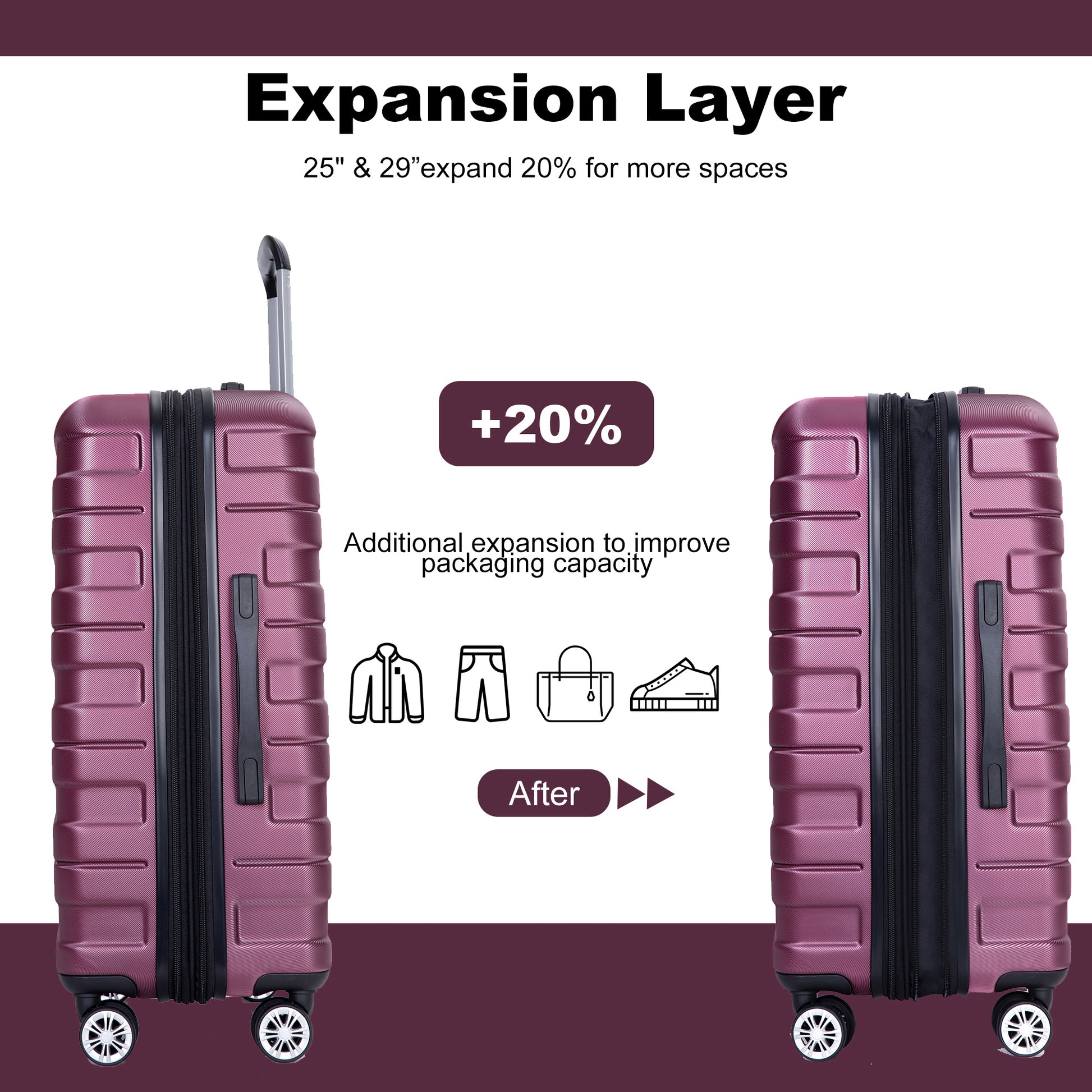 Rose gold hardside suitcase with expansion zipper and spinner wheels