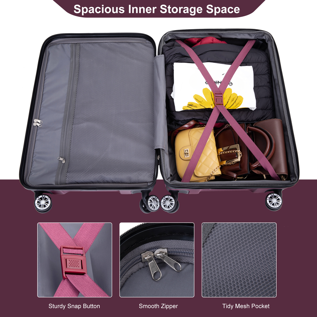 Open purple suitcase packed with clothes bags and elastic straps Durable luggage