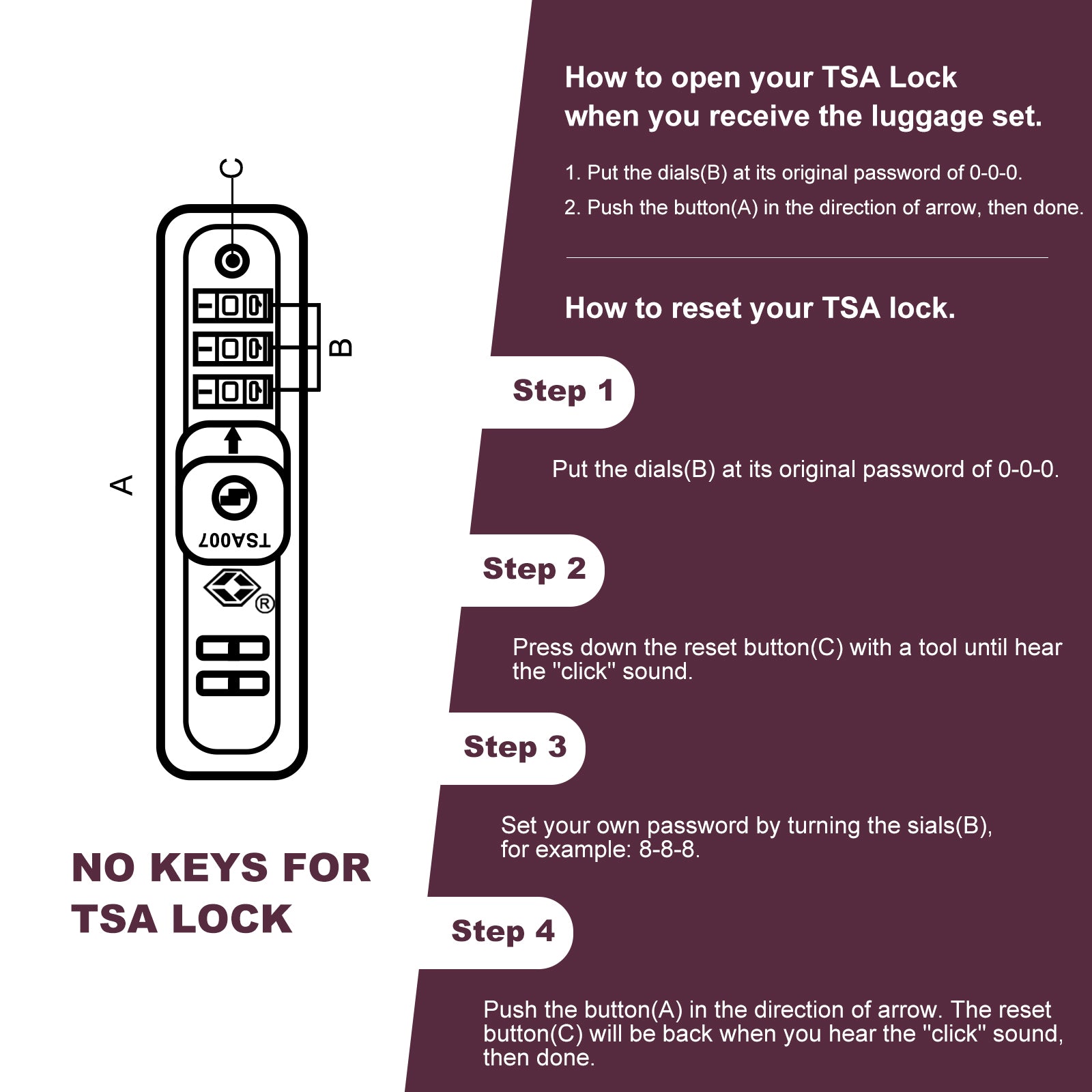 Illustration of a black TSA lock with three dials for setting a combination intended for luggage security