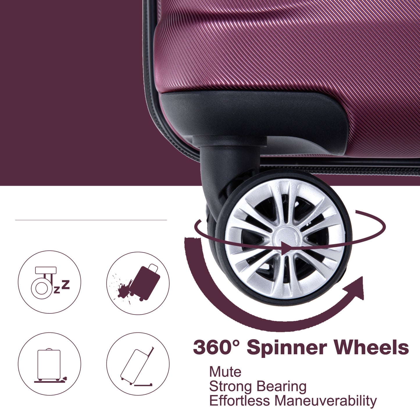 Plum colored suitcase with textured surface and  spinner wheels